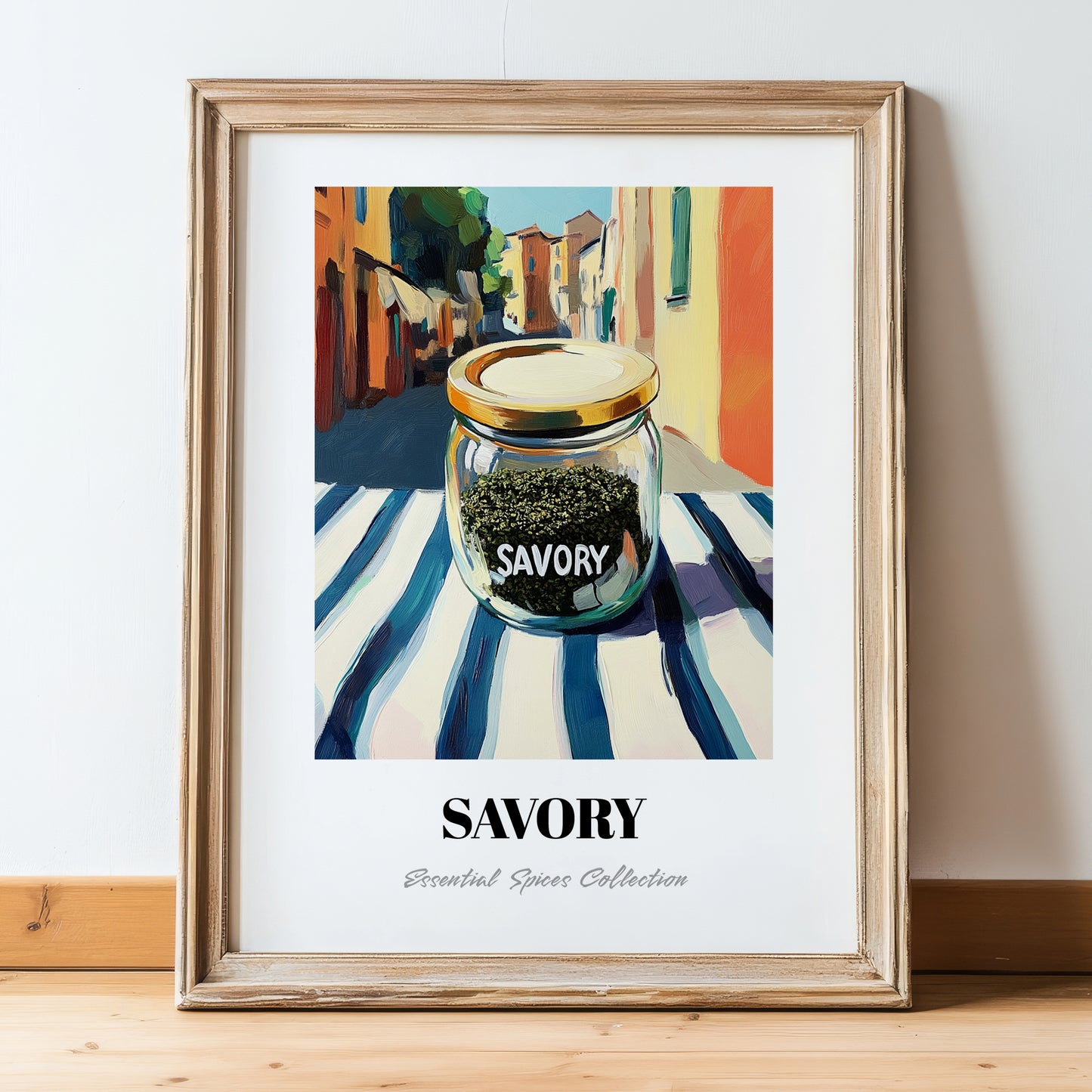 Savory – Italian Café on the Corner, Spices Wall Decor, in wooden frame leaning on the floor