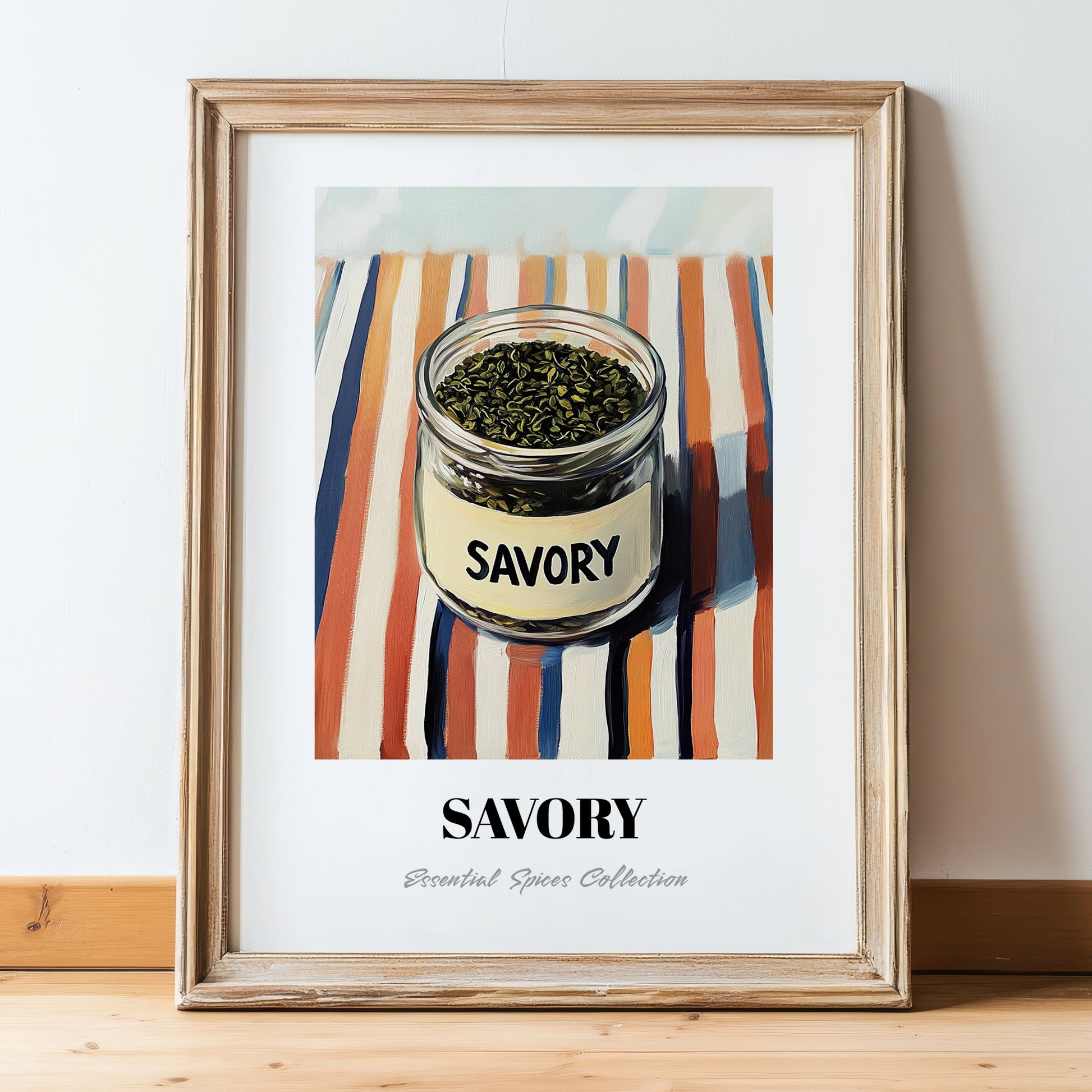 Savory – on Striped Tablecloth, Spices Still Life, in wooden frame leaning on the floor