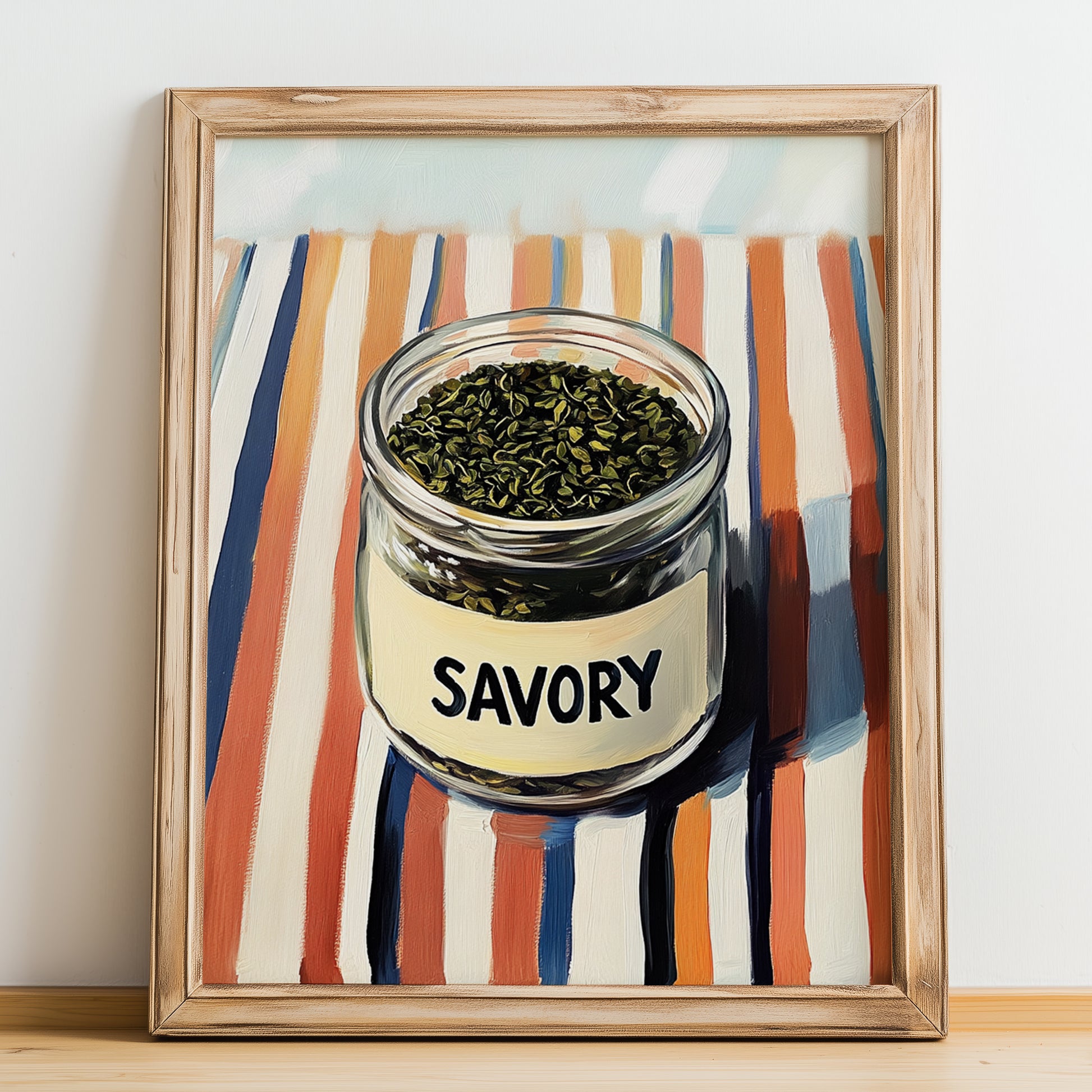 Savory – on Striped Tablecloth, Spices Still Life, no-text version framed in wood
