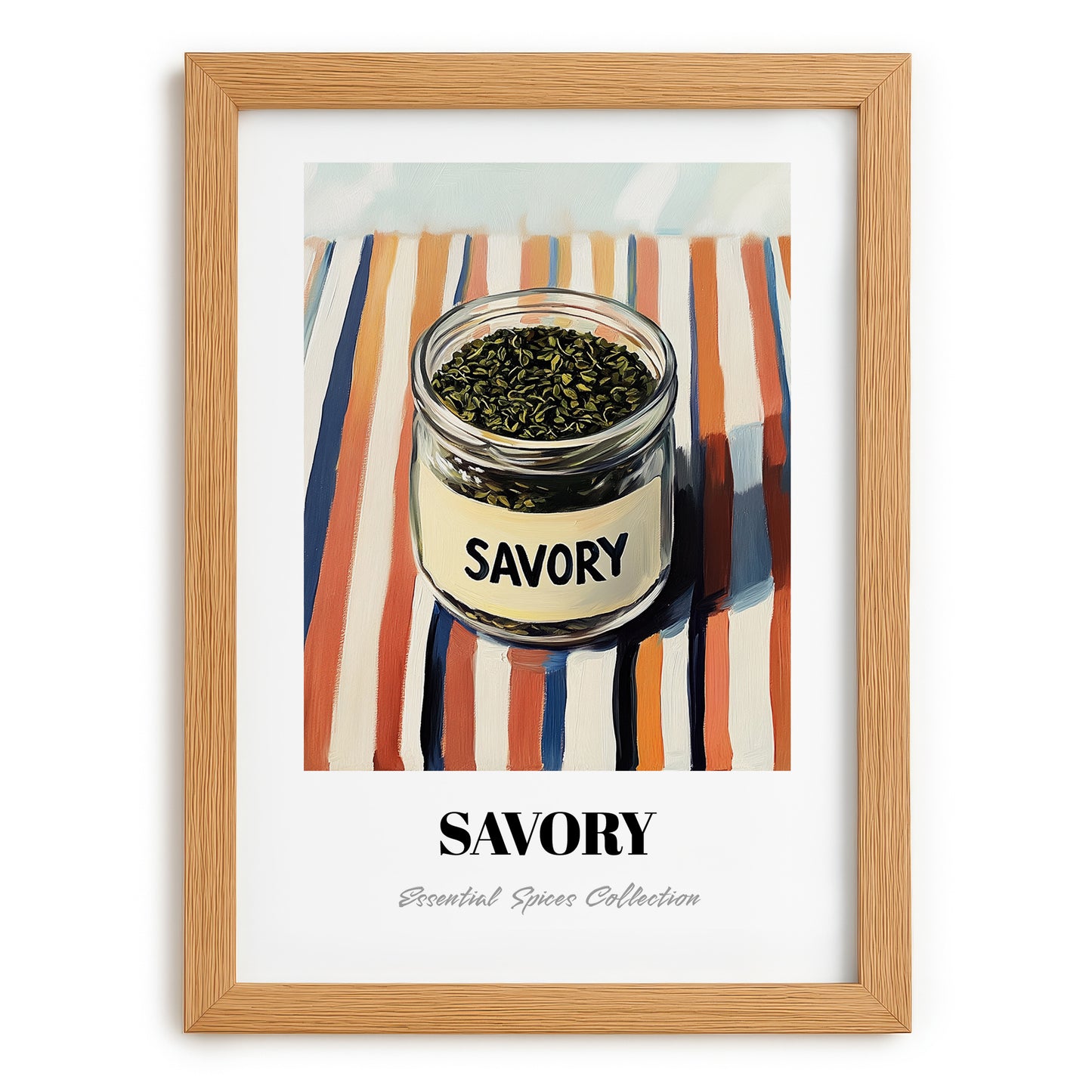 Savory – on Striped Tablecloth, Spices Still Life, set in oak frame