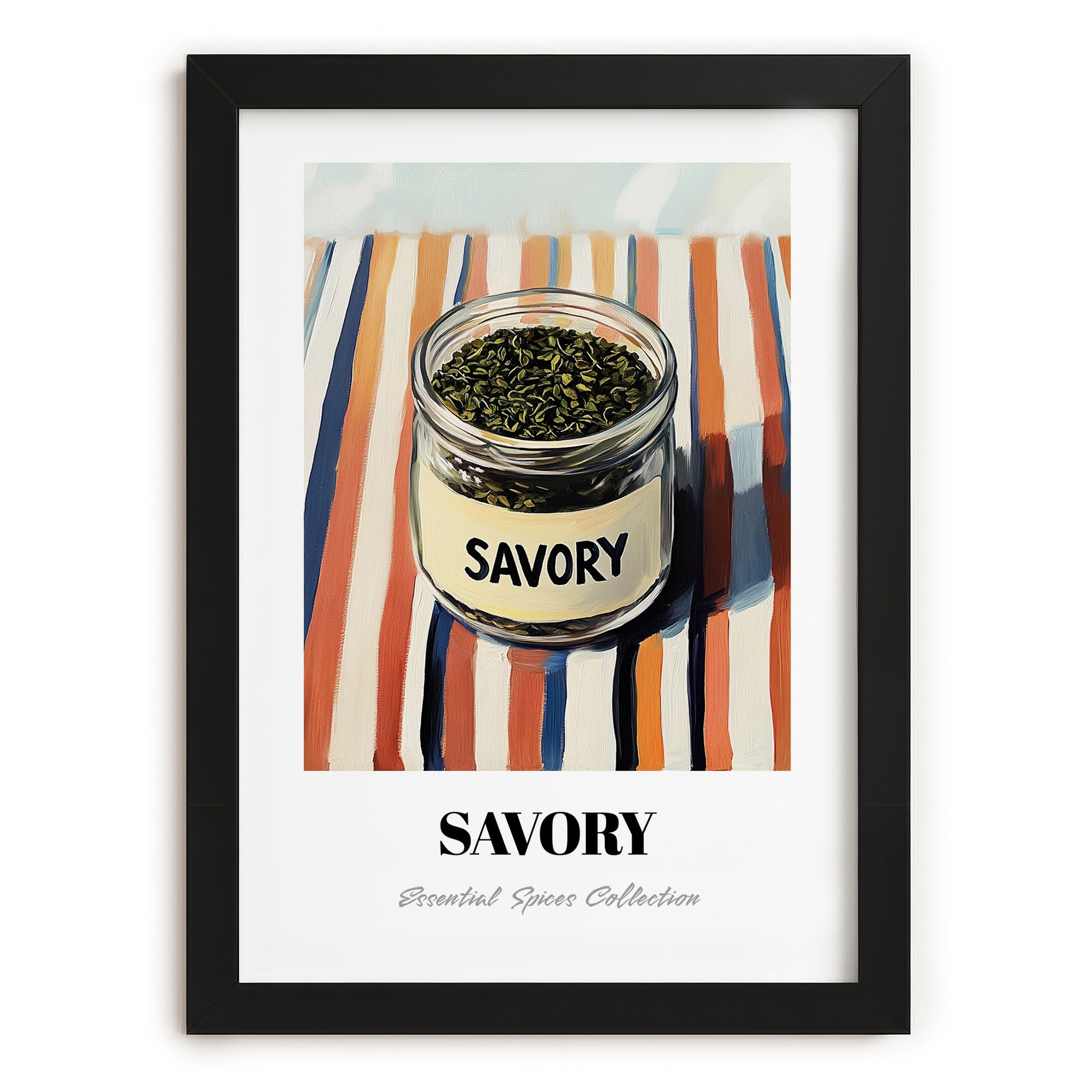 Savory – on Striped Tablecloth, Spices Still Life, in sleek black frame
