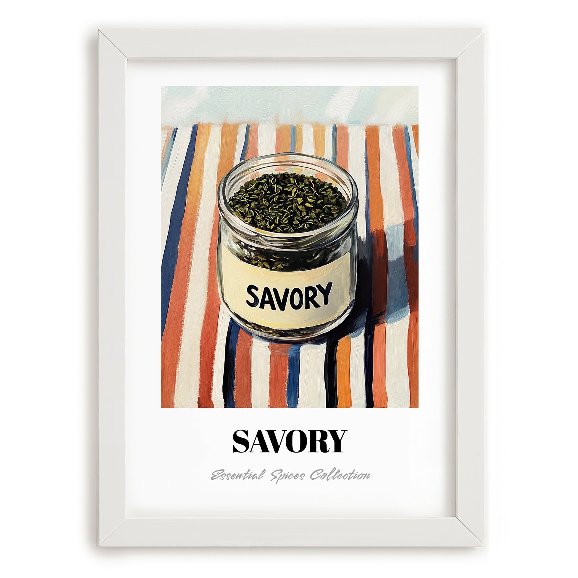 Savory – on Striped Tablecloth, Spices Still Life, placed in minimal white frame