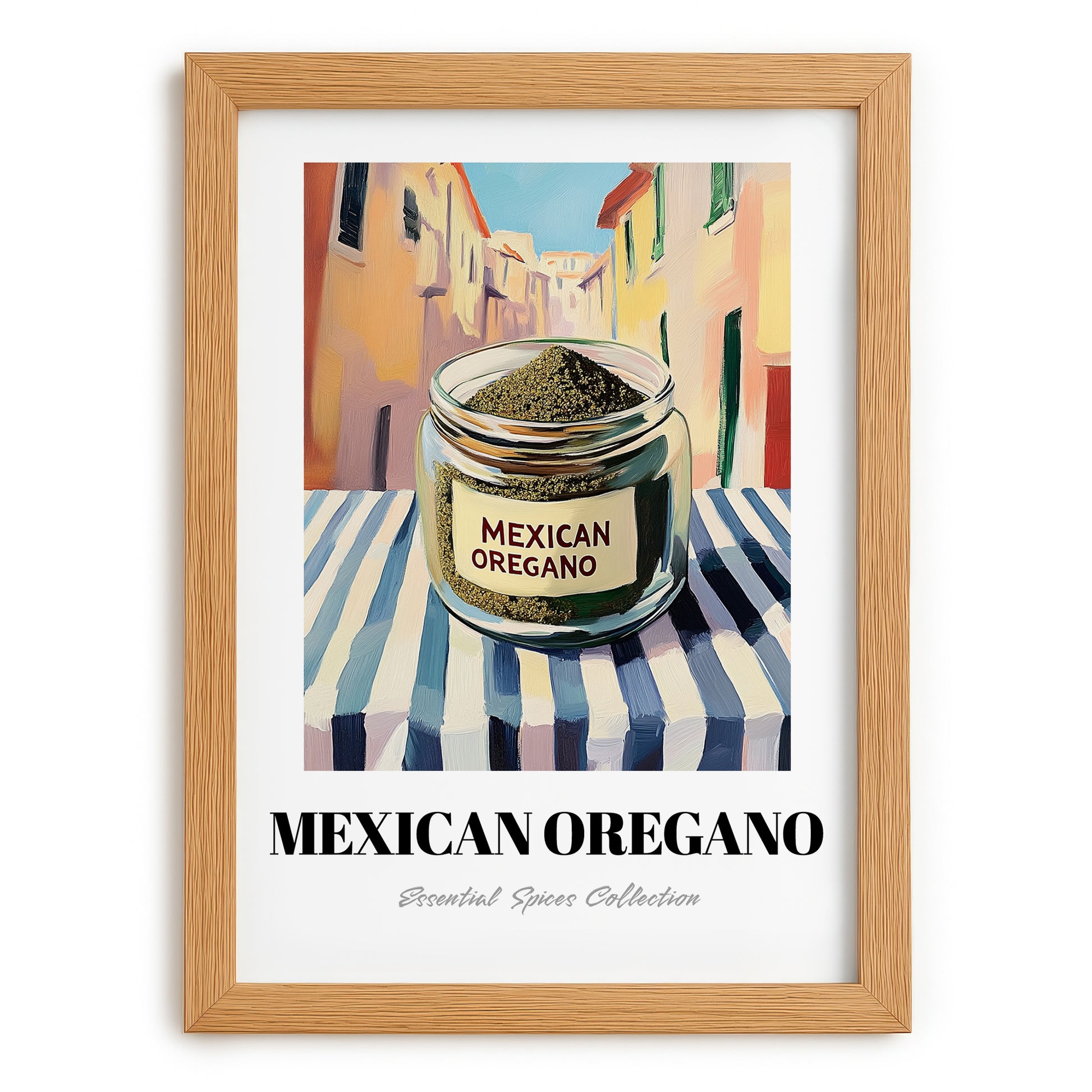 Mexican Oregano – Italian Street Café Scene, Spices Art, set in oak frame
