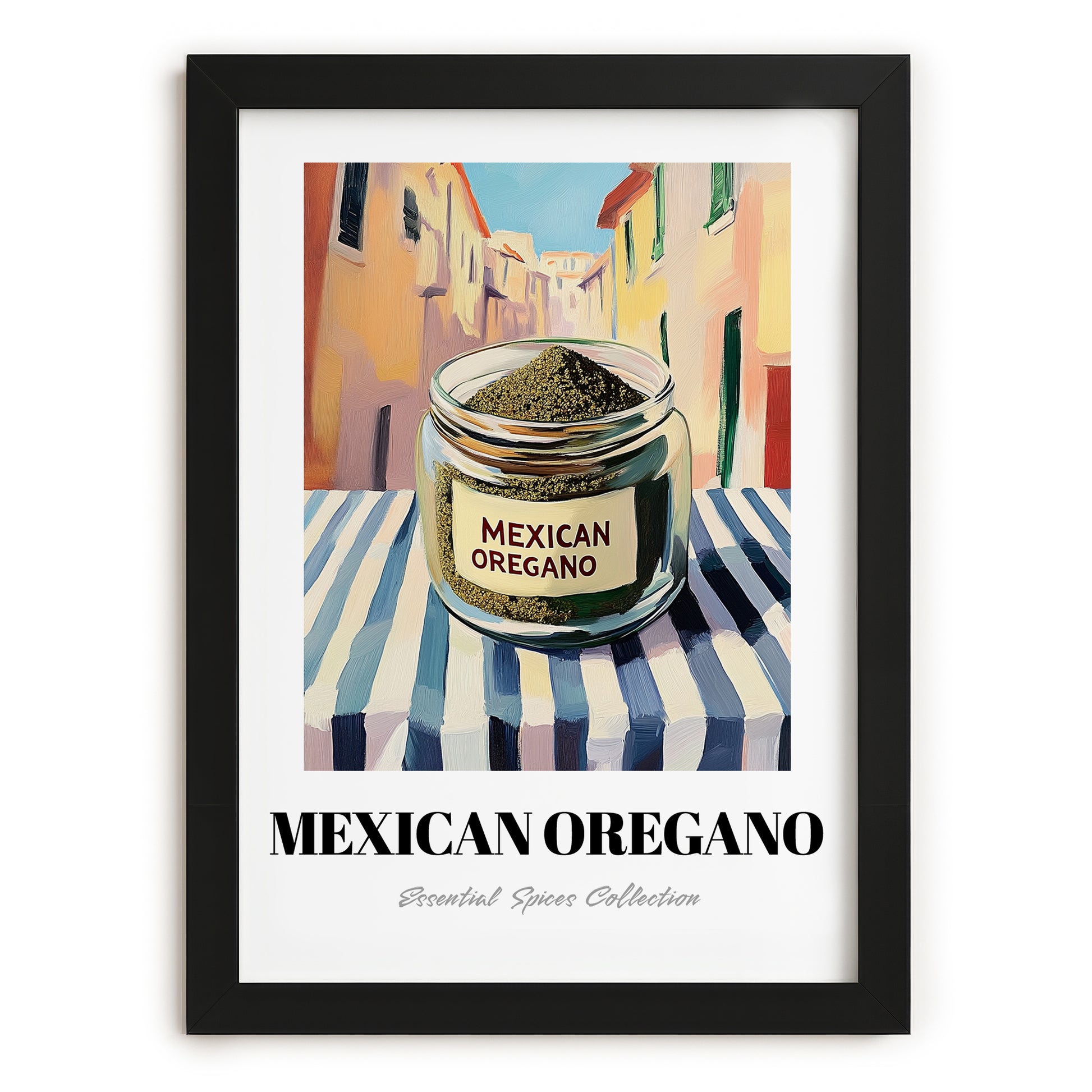 Mexican Oregano – Italian Street Café Scene, Spices Art, in sleek black frame