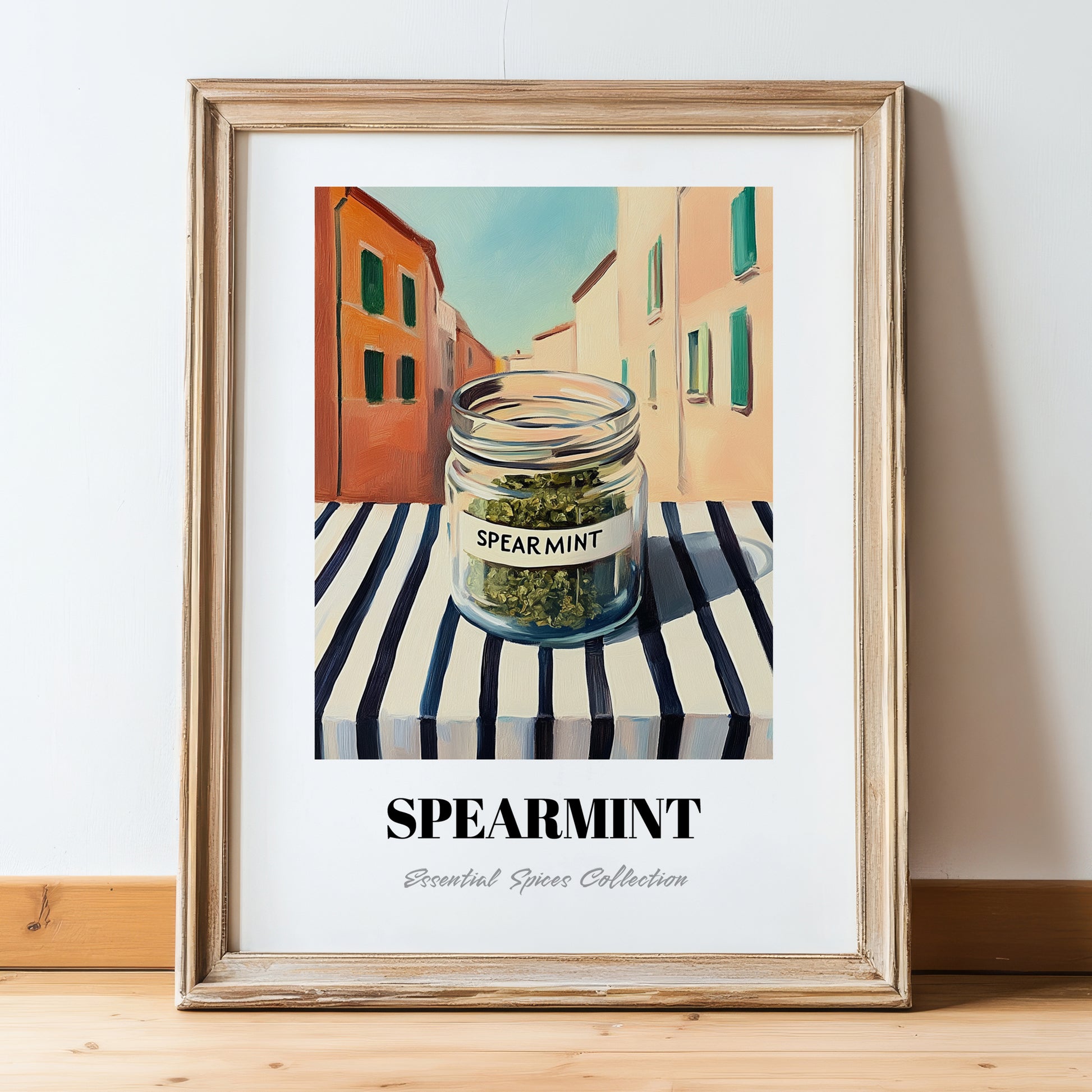 Spearmint – Italian Urban Café Scene, Spices Poster, in wooden frame leaning on the floor