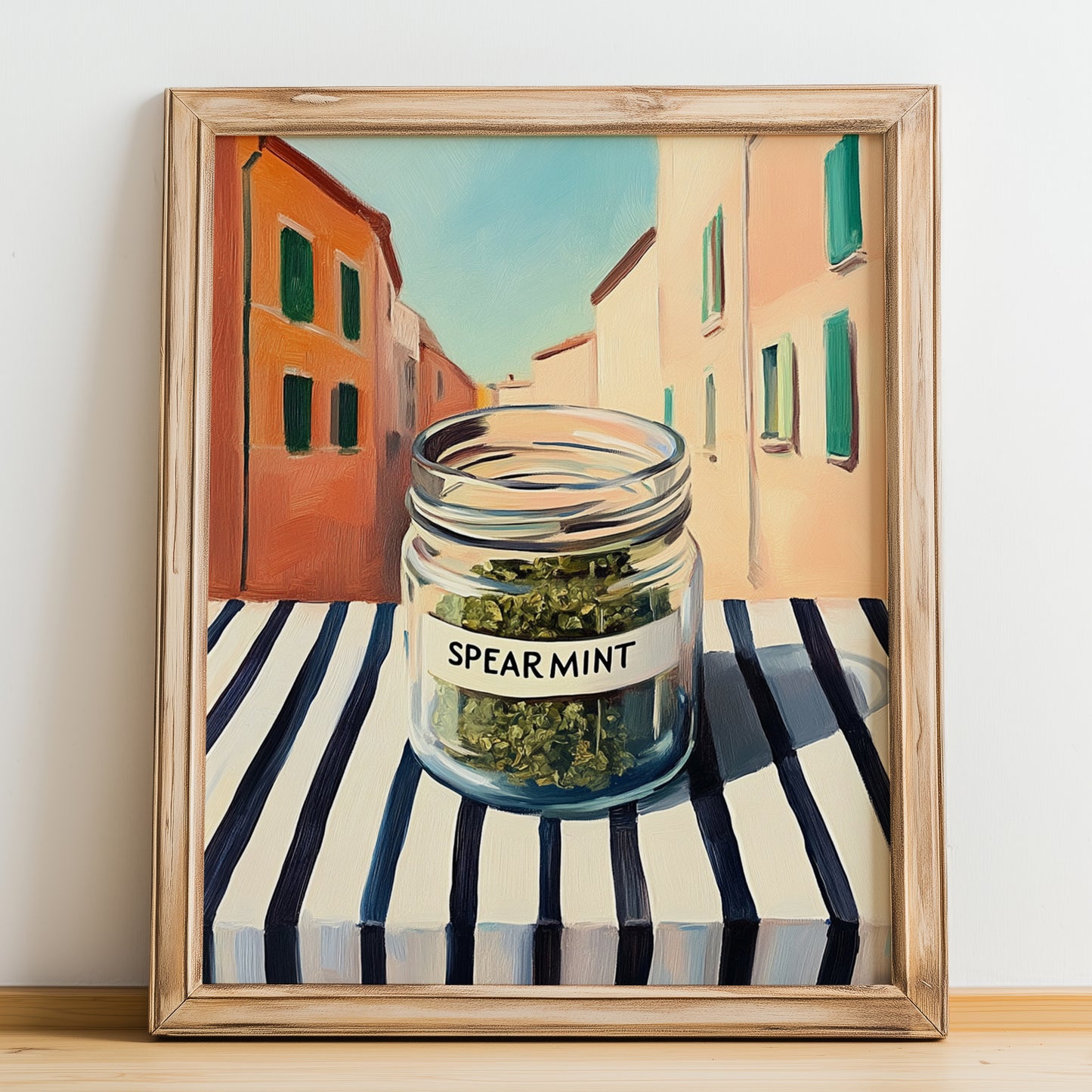 Spearmint – Italian Urban Café Scene, Spices Poster, no-text version framed in wood