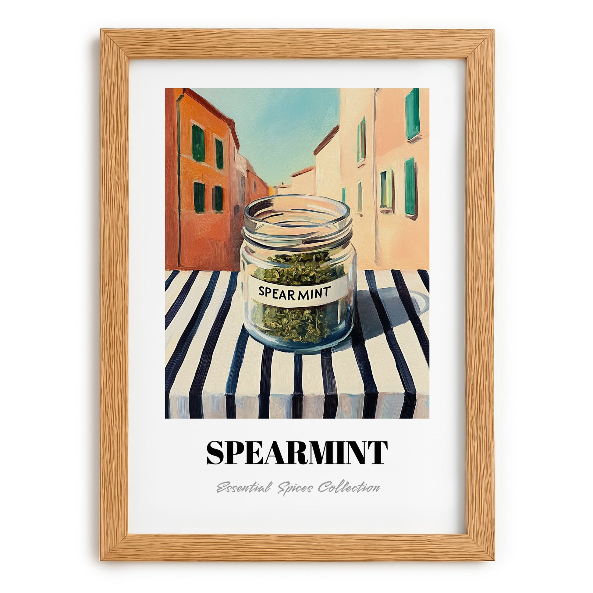 Spearmint – Italian Urban Café Scene, Spices Poster, set in oak frame