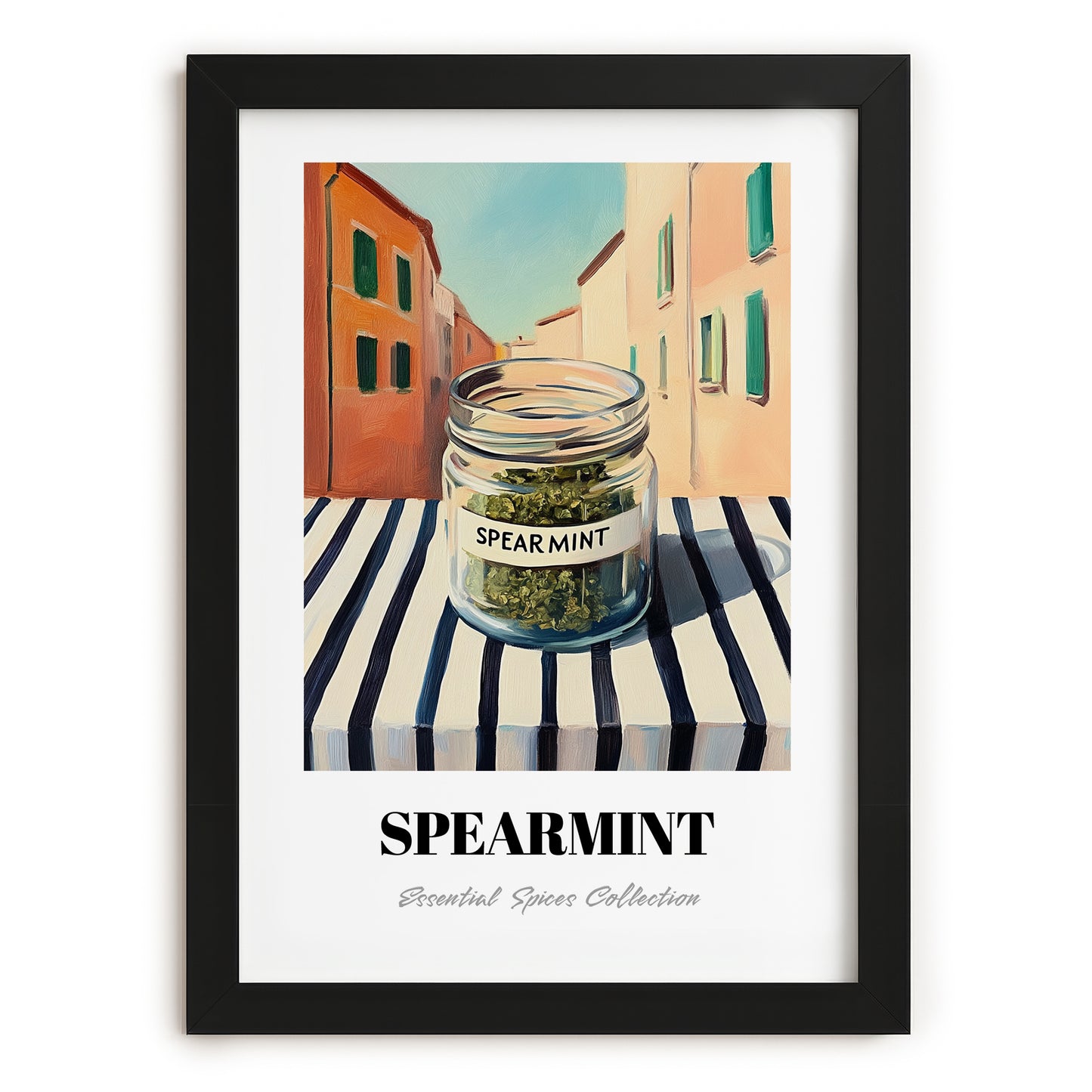 Spearmint – Italian Urban Café Scene, Spices Poster, in sleek black frame