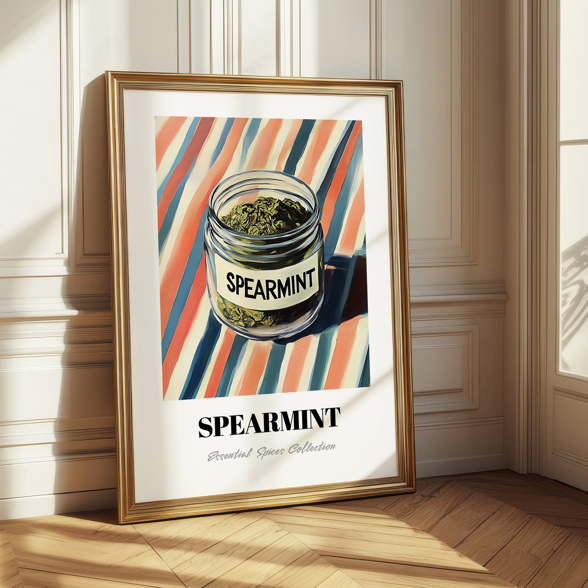 Spearmint – on Striped Tablecloth, Spices Print