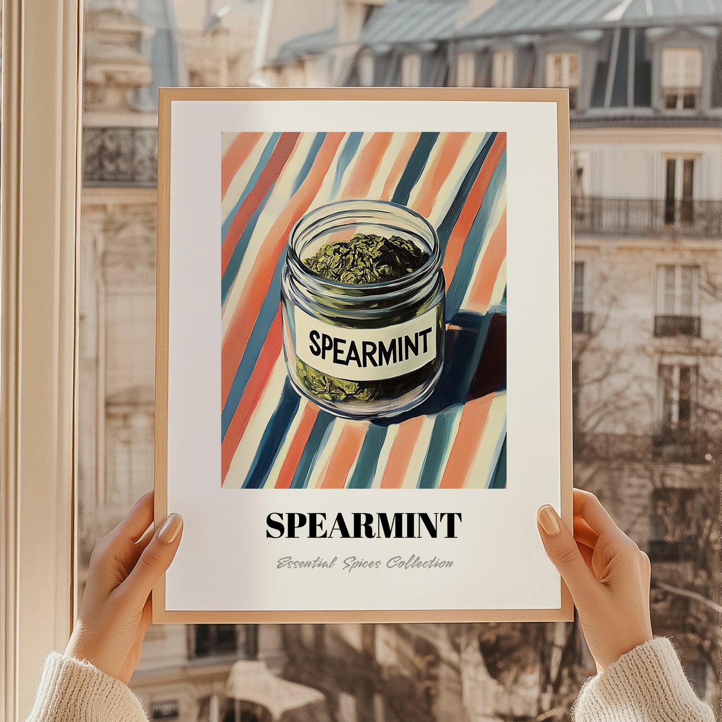 Spearmint – on Striped Tablecloth, Spices Print, styled in a charming Paris street view