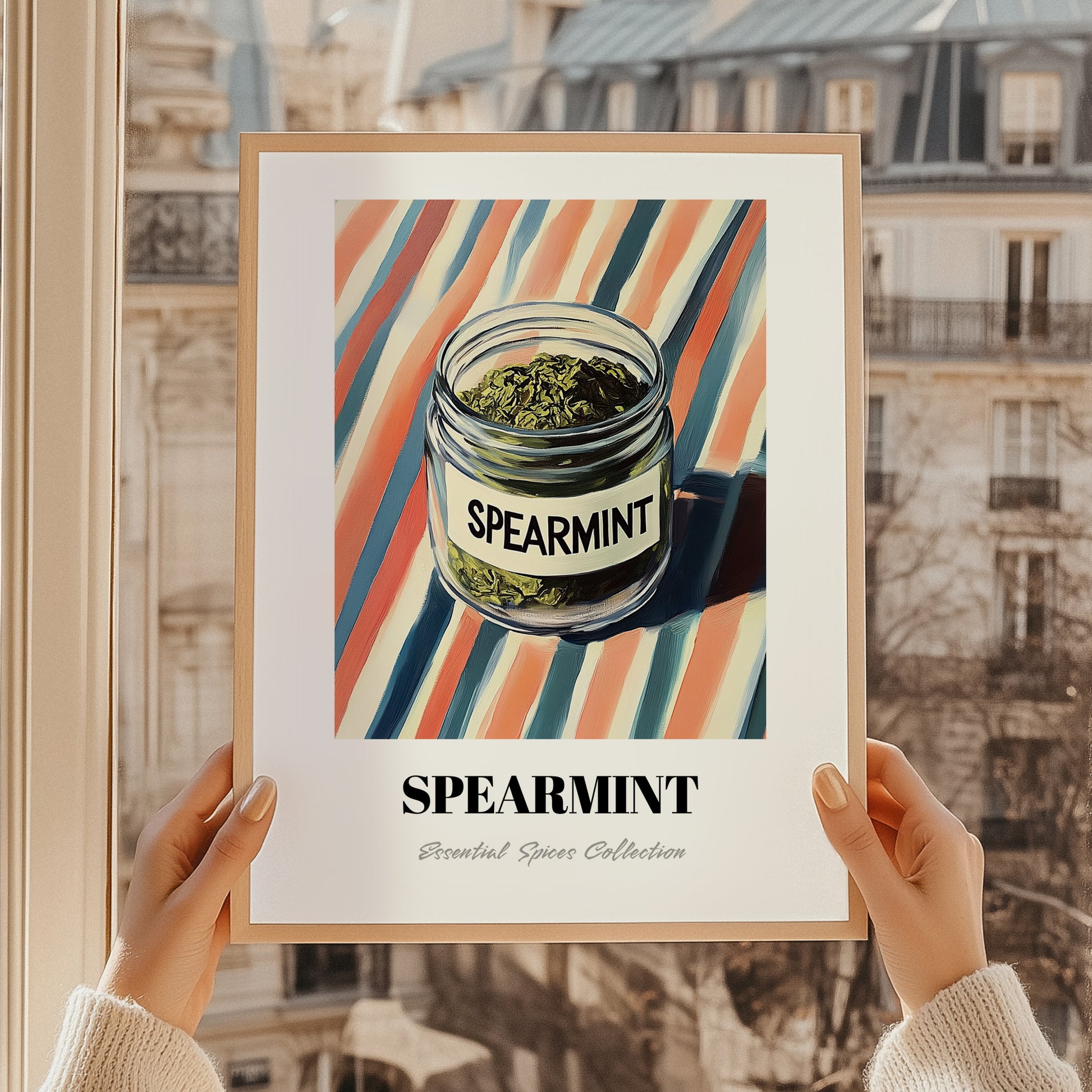 Spearmint – on Striped Tablecloth, Spices Print, styled in a charming Paris street view