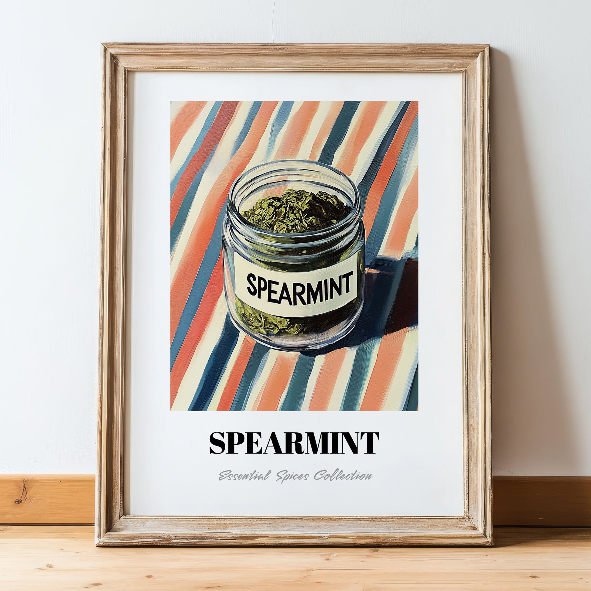 Spearmint – on Striped Tablecloth, Spices Print, in wooden frame leaning on the floor