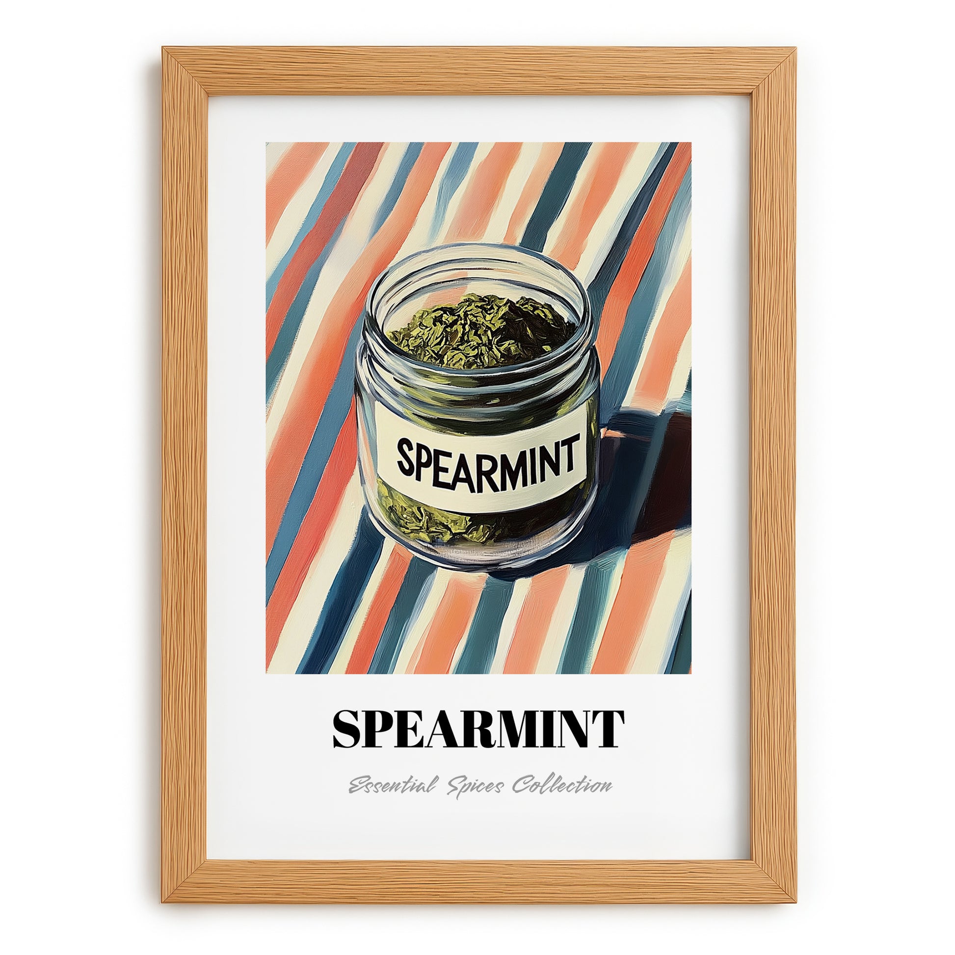 Spearmint – on Striped Tablecloth, Spices Print, set in oak frame