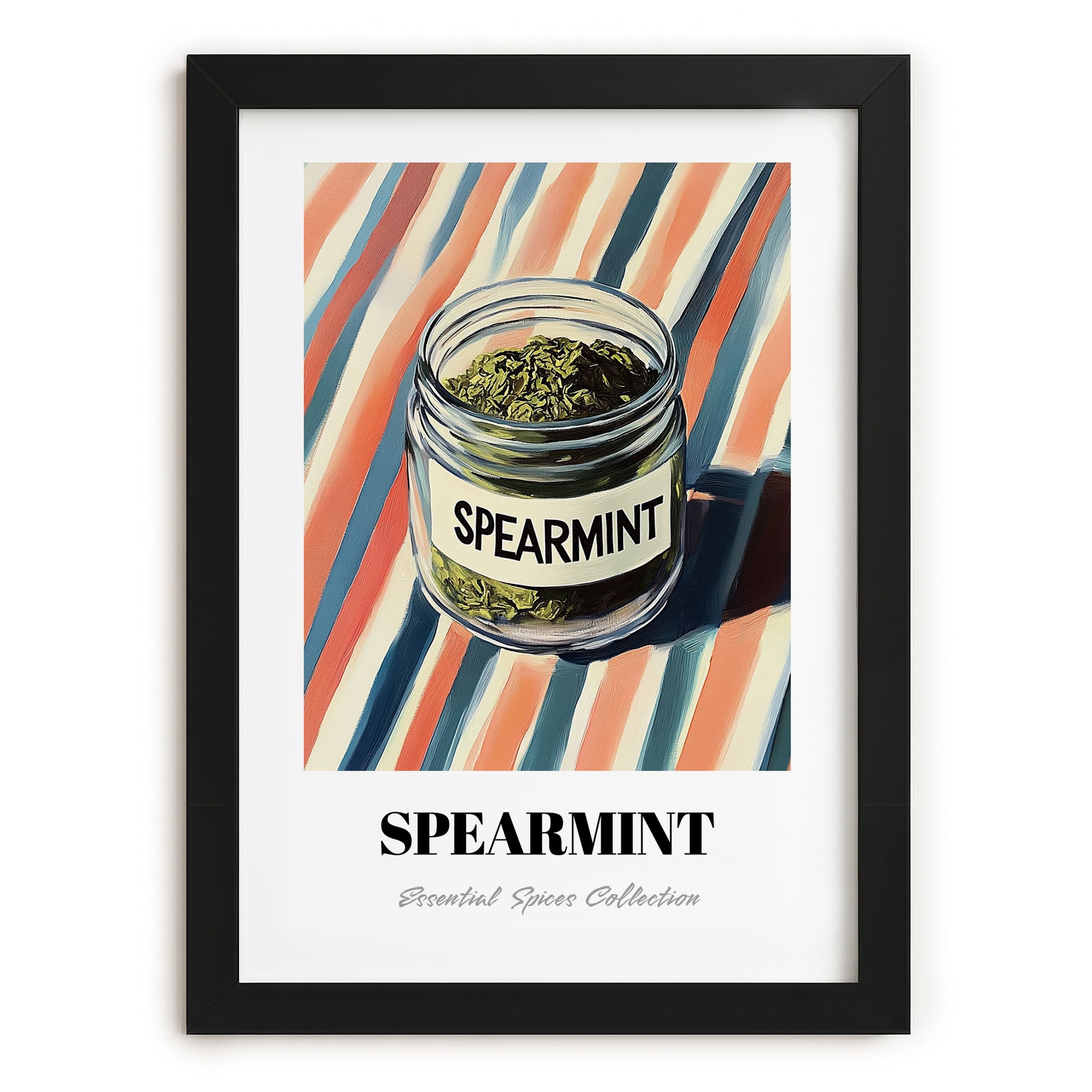 Spearmint – on Striped Tablecloth, Spices Print, in sleek black frame