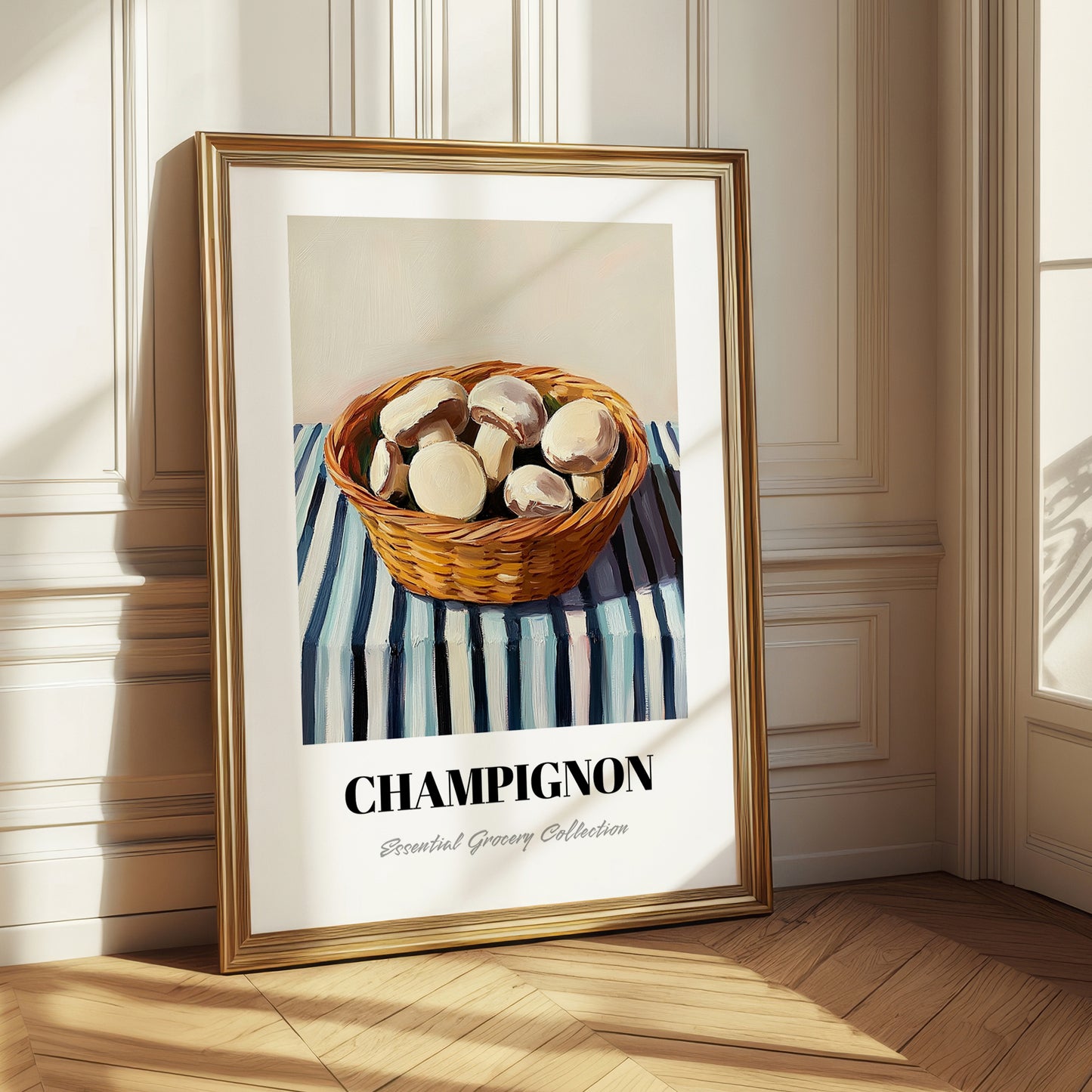Champignon (Button Mushroom) – on Striped Tablecloth, Mushrooms Painting