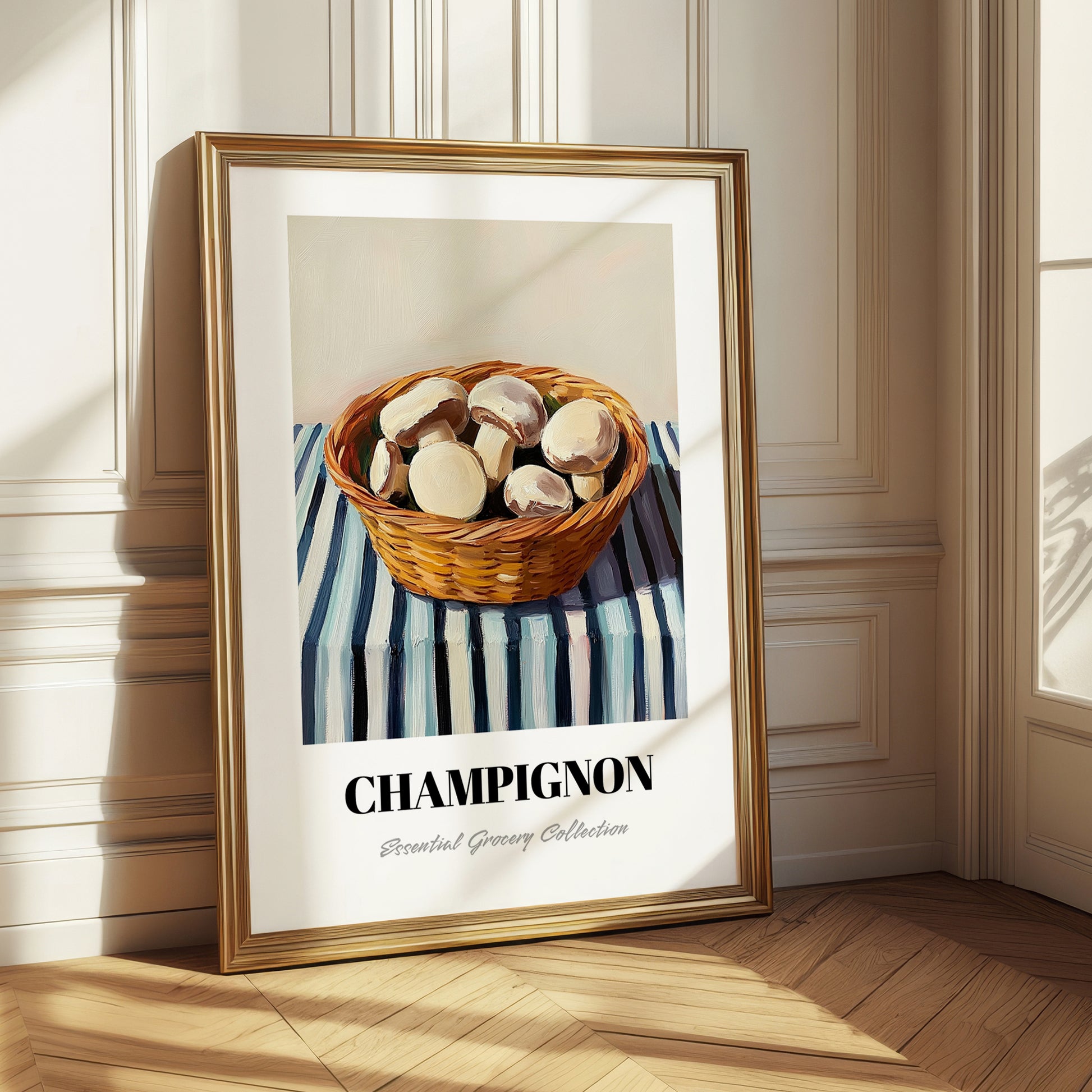 Champignon (Button Mushroom) – on Striped Tablecloth, Mushrooms Painting