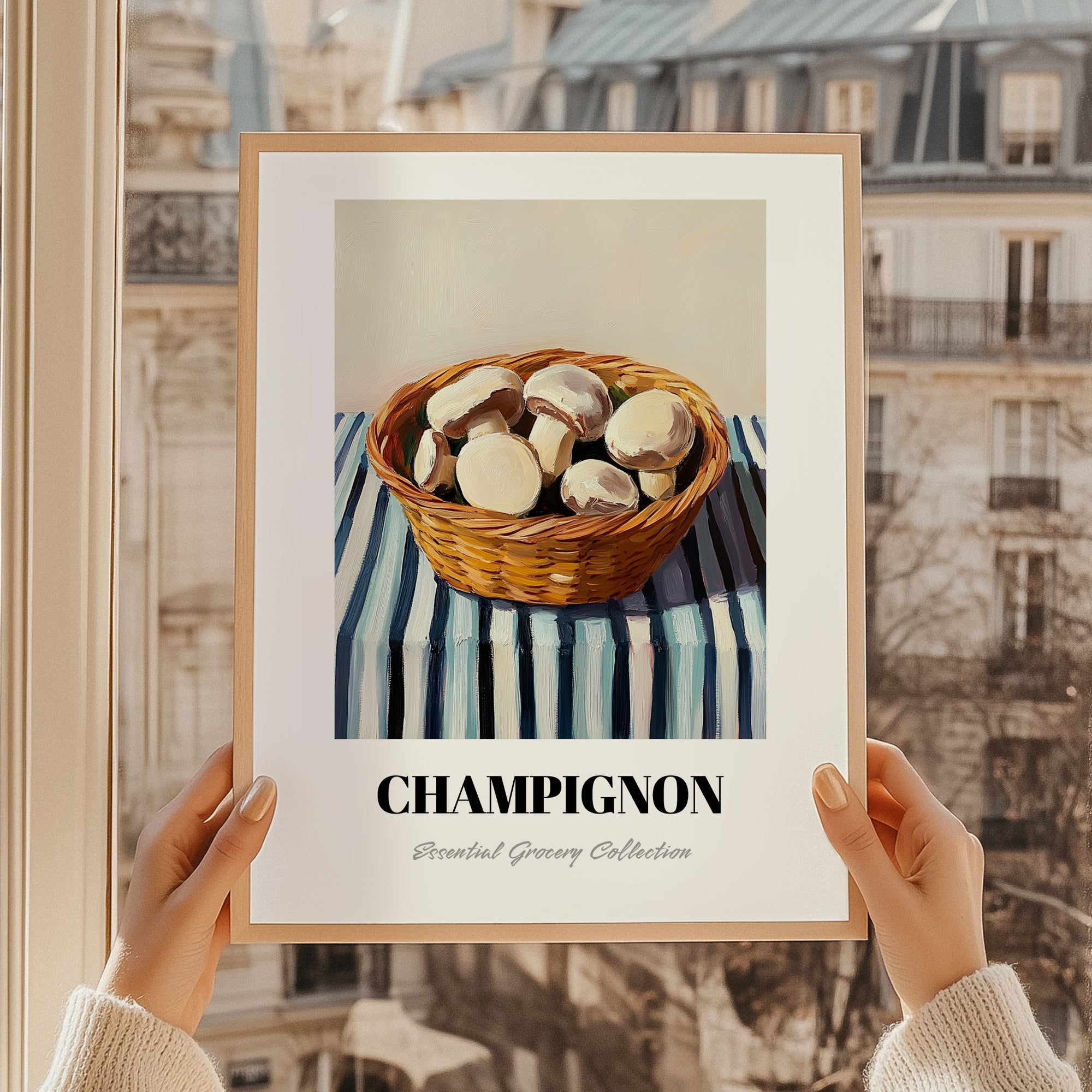 Champignon (Button Mushroom) – on Striped Tablecloth, Mushrooms Painting, styled in a charming Paris street view