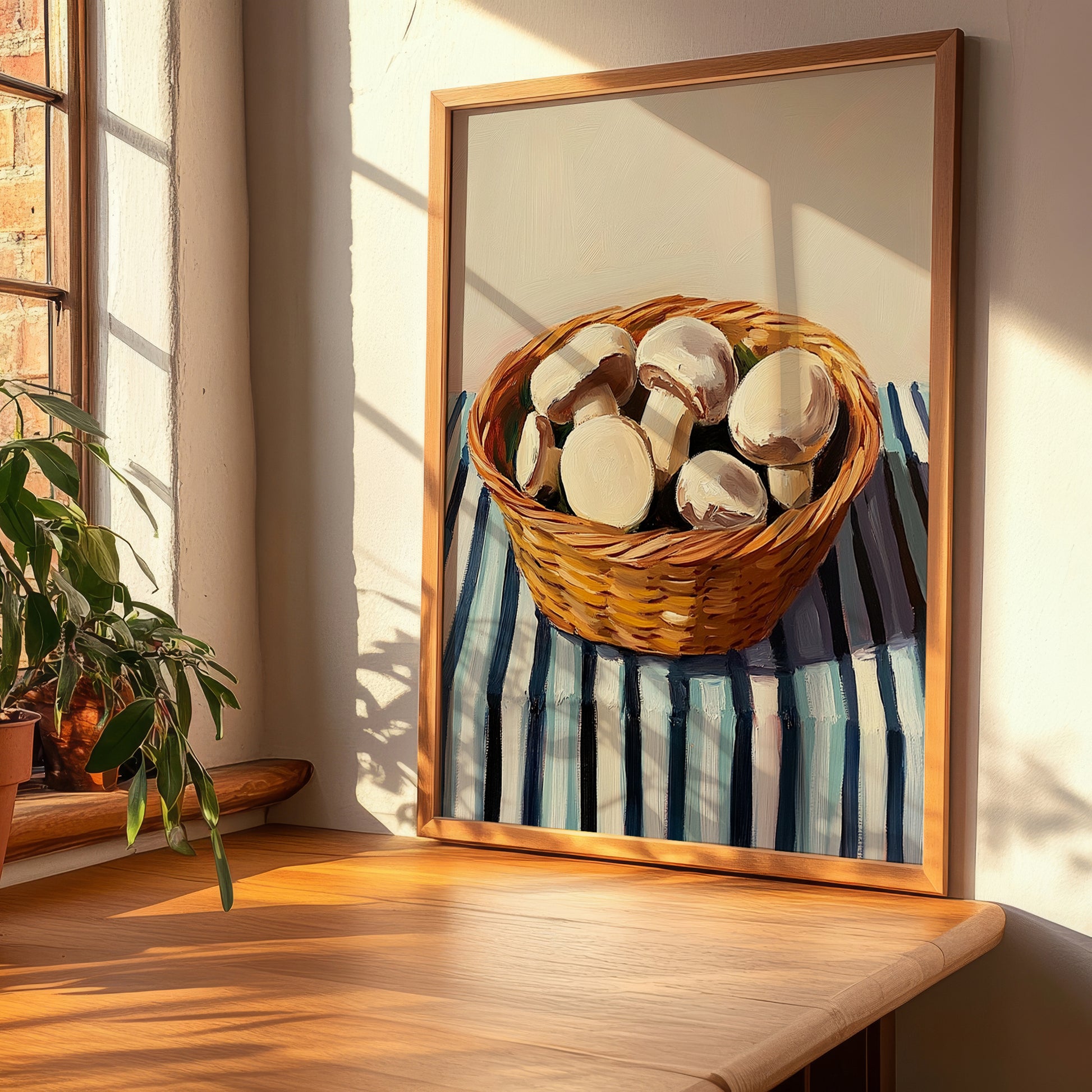 Champignon (Button Mushroom) – on Striped Tablecloth, Mushrooms Painting, clean layout with no caption
