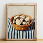 Champignon (Button Mushroom) – on Striped Tablecloth, Mushrooms Painting, no-text version framed in wood