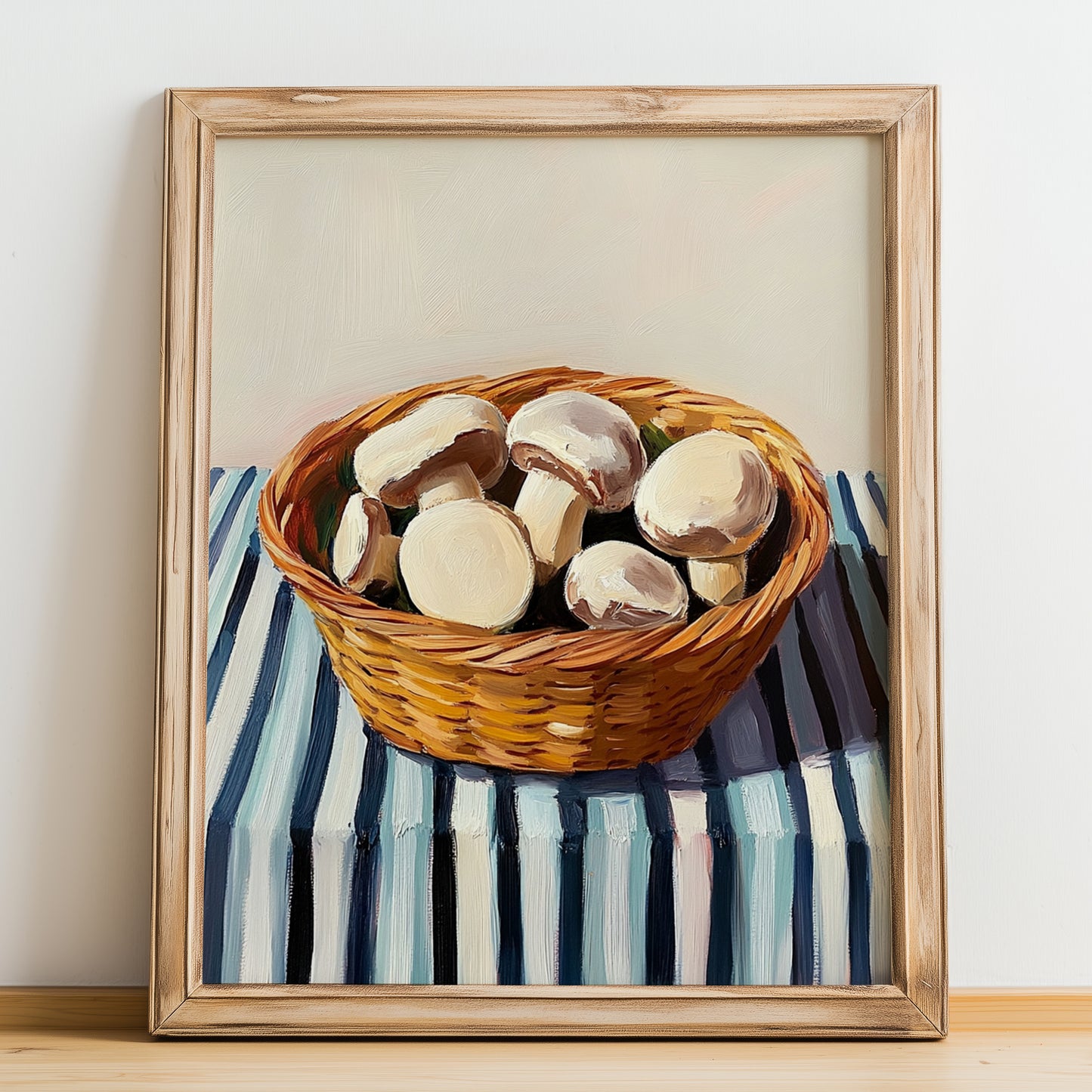 Champignon (Button Mushroom) – on Striped Tablecloth, Mushrooms Painting, no-text version framed in wood