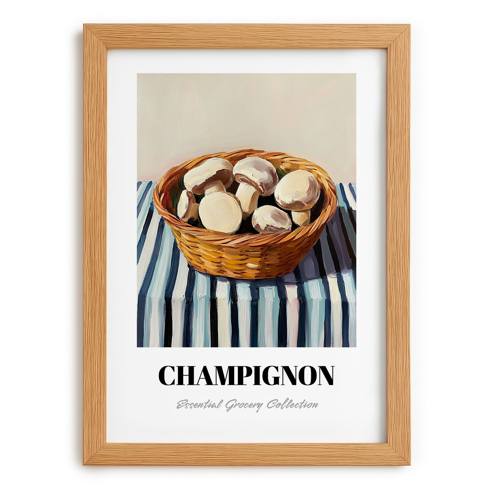 Champignon (Button Mushroom) – on Striped Tablecloth, Mushrooms Painting, set in oak frame