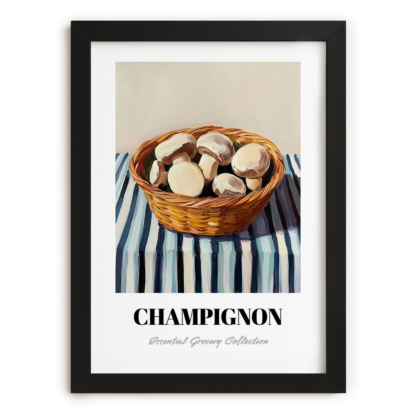 Champignon (Button Mushroom) – on Striped Tablecloth, Mushrooms Painting, in sleek black frame