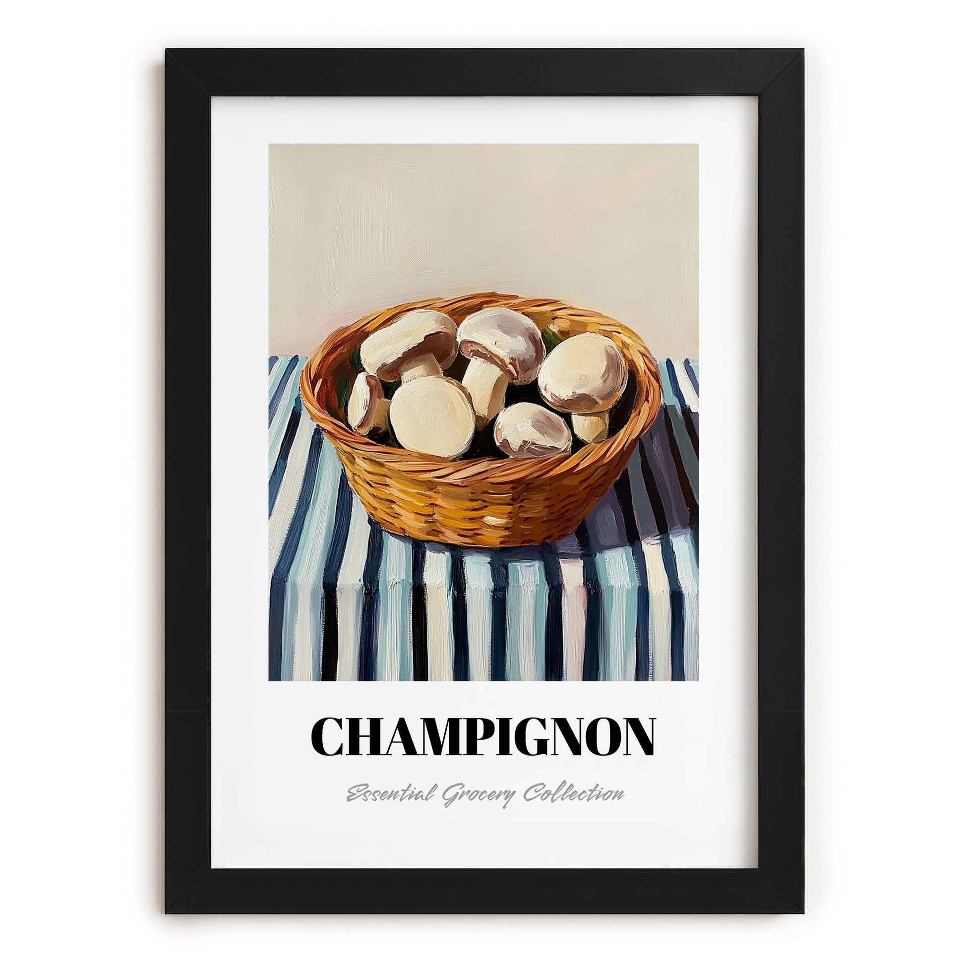 Champignon (Button Mushroom) – on Striped Tablecloth, Mushrooms Painting, in sleek black frame