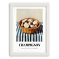 Champignon (Button Mushroom) – on Striped Tablecloth, Mushrooms Painting, placed in minimal white frame