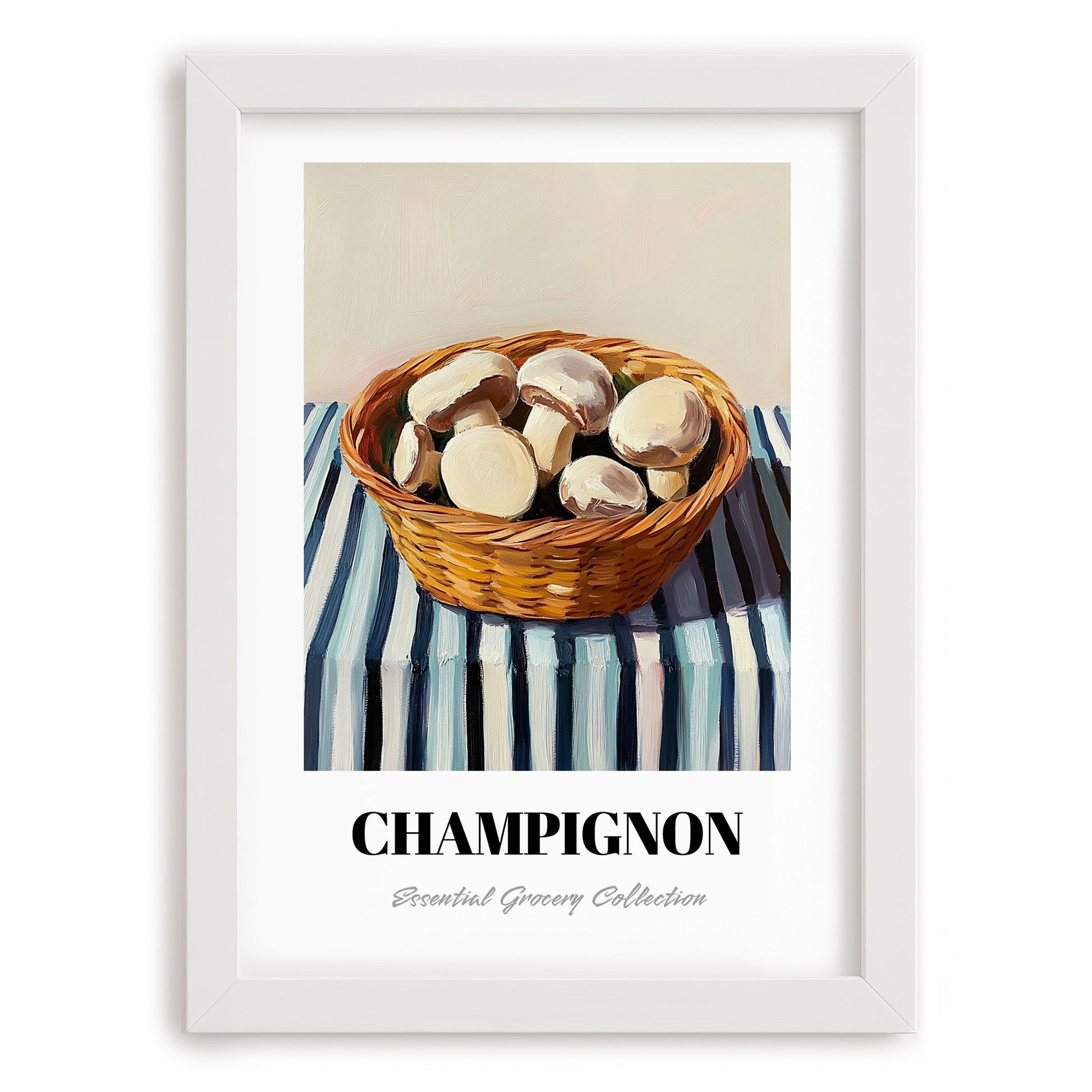 Champignon (Button Mushroom) – on Striped Tablecloth, Mushrooms Painting, placed in minimal white frame