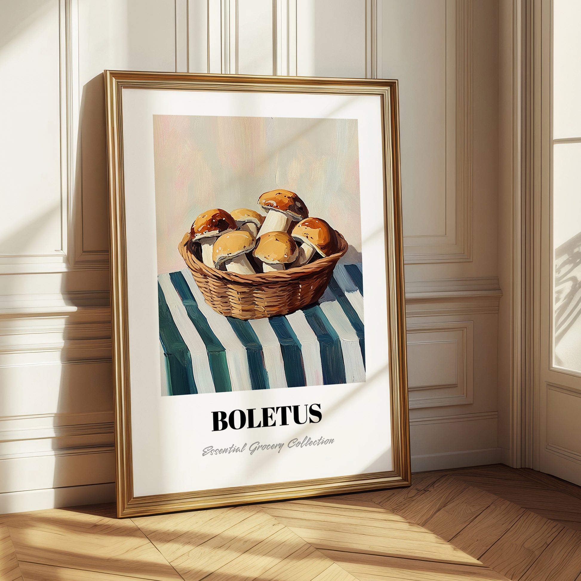 Boletus – on Striped Tablecloth, Mushrooms Painting