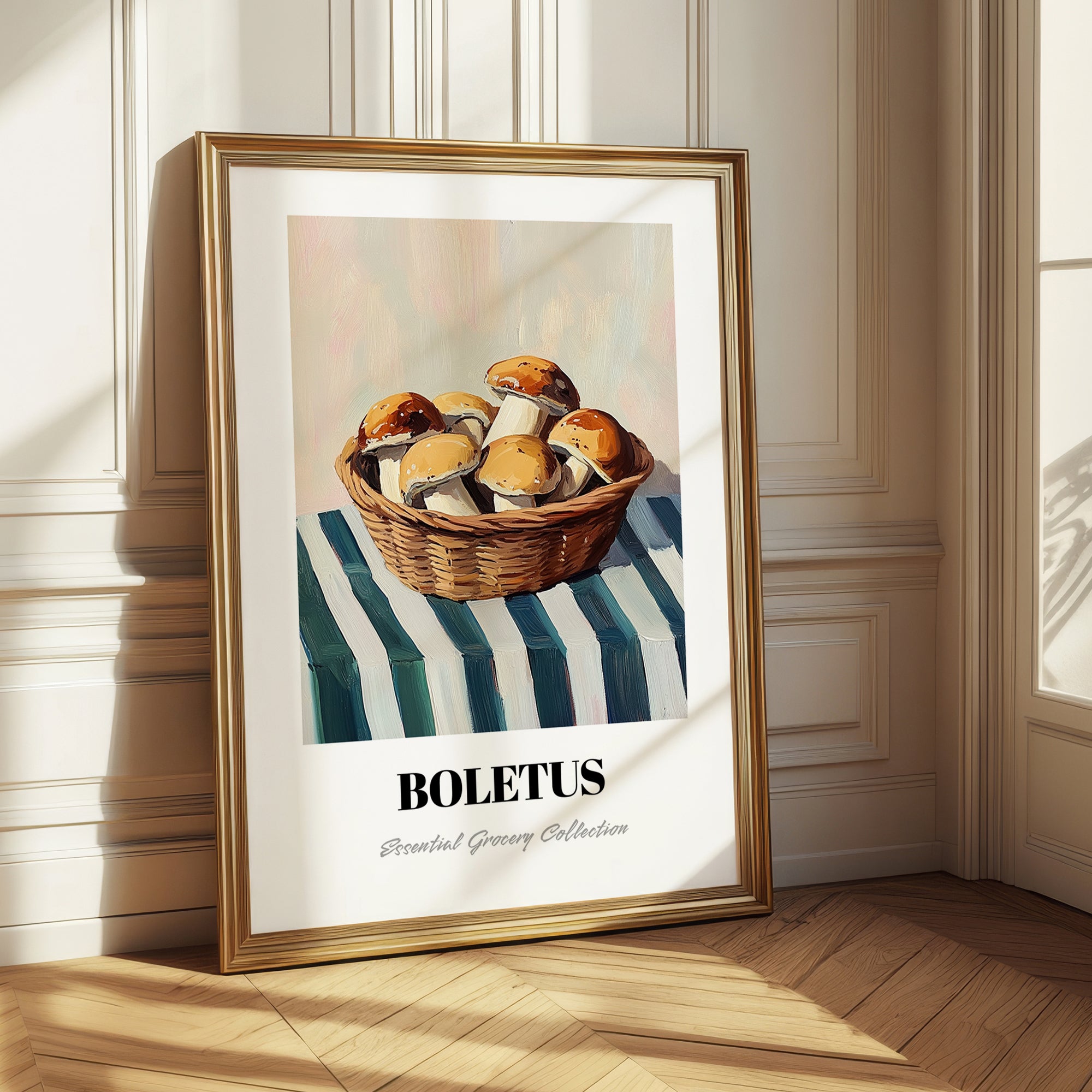 Boletus – on Striped Tablecloth, Mushrooms Painting