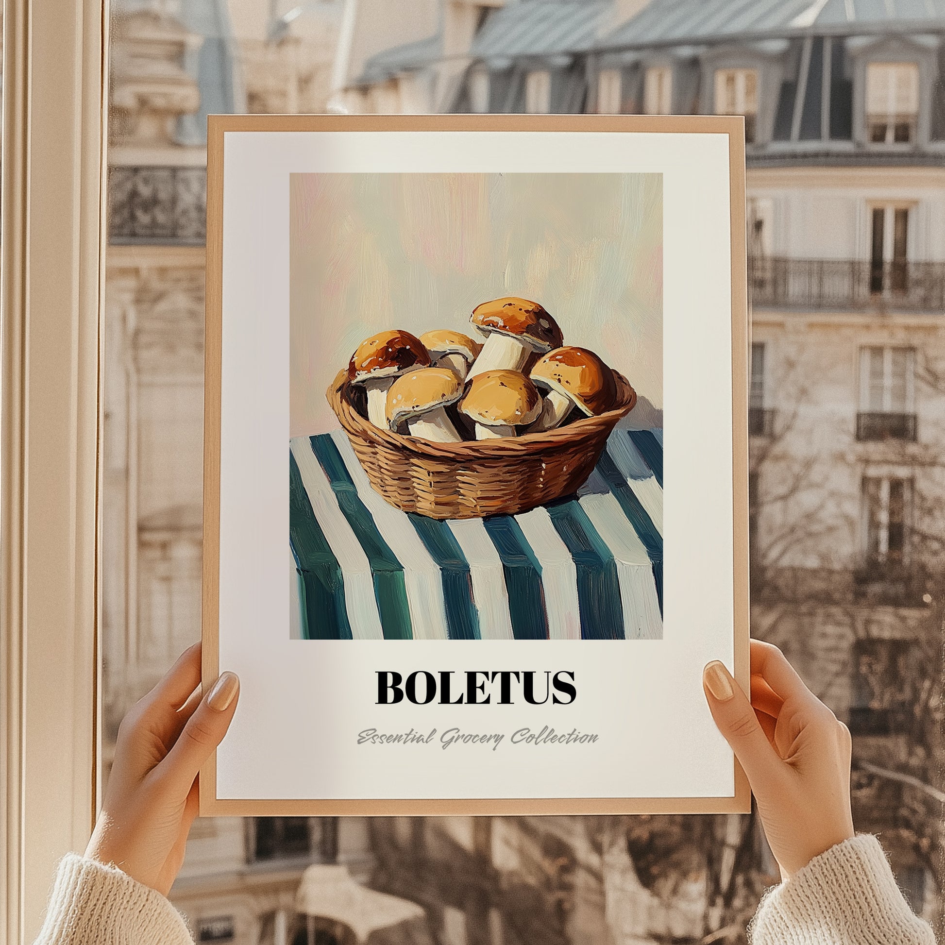 Boletus – on Striped Tablecloth, Mushrooms Painting, styled in a charming Paris street view