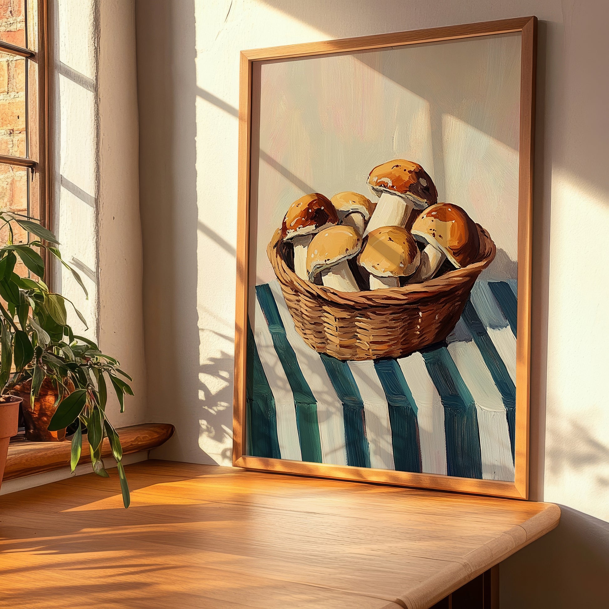 Boletus – on Striped Tablecloth, Mushrooms Painting, clean layout with no caption