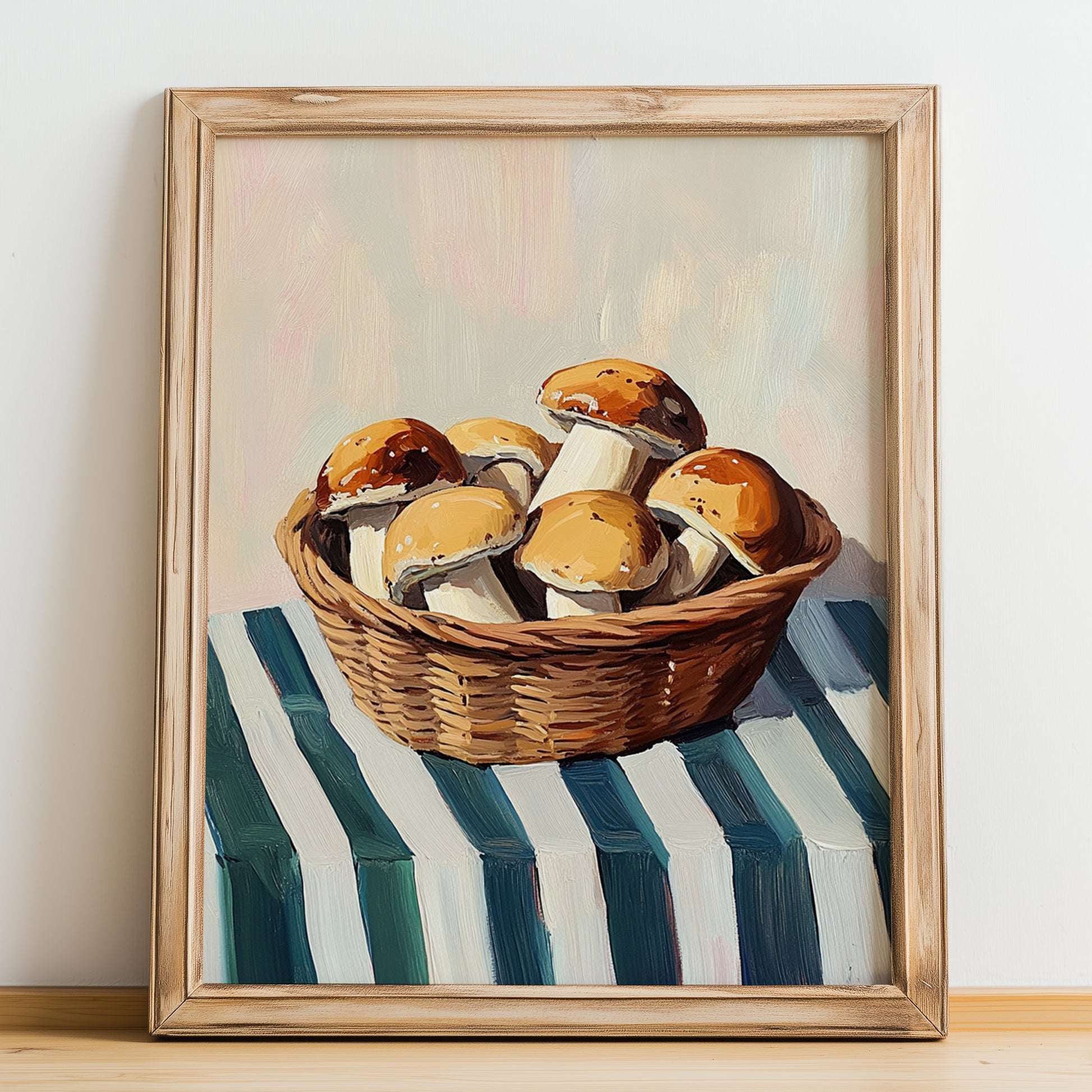 Boletus – on Striped Tablecloth, Mushrooms Painting, no-text version framed in wood