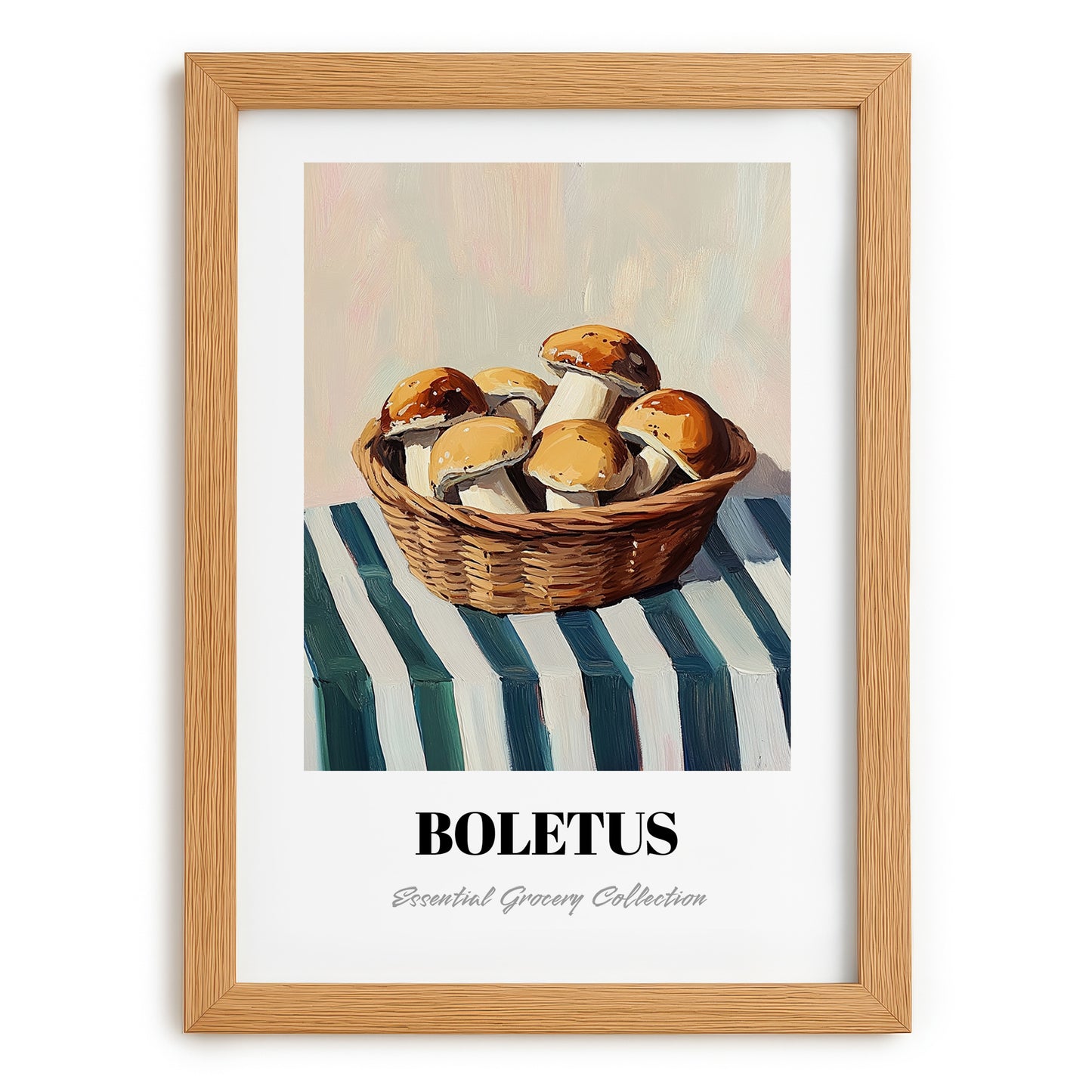 Boletus – on Striped Tablecloth, Mushrooms Painting, set in oak frame