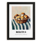 Boletus – on Striped Tablecloth, Mushrooms Painting, in sleek black frame