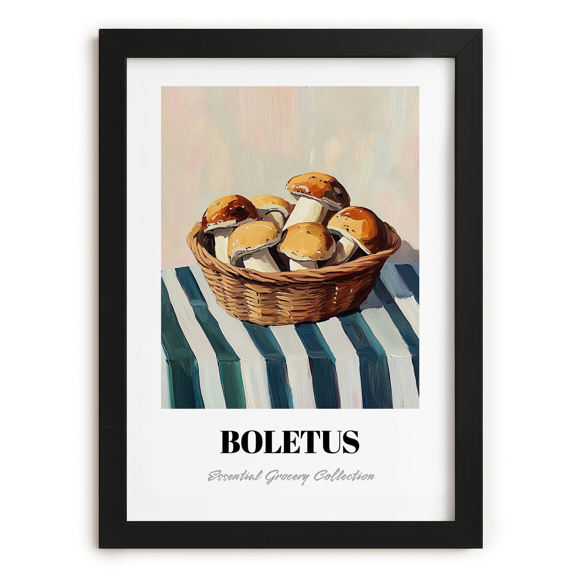 Boletus – on Striped Tablecloth, Mushrooms Painting, in sleek black frame