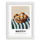 Boletus – on Striped Tablecloth, Mushrooms Painting, placed in minimal white frame