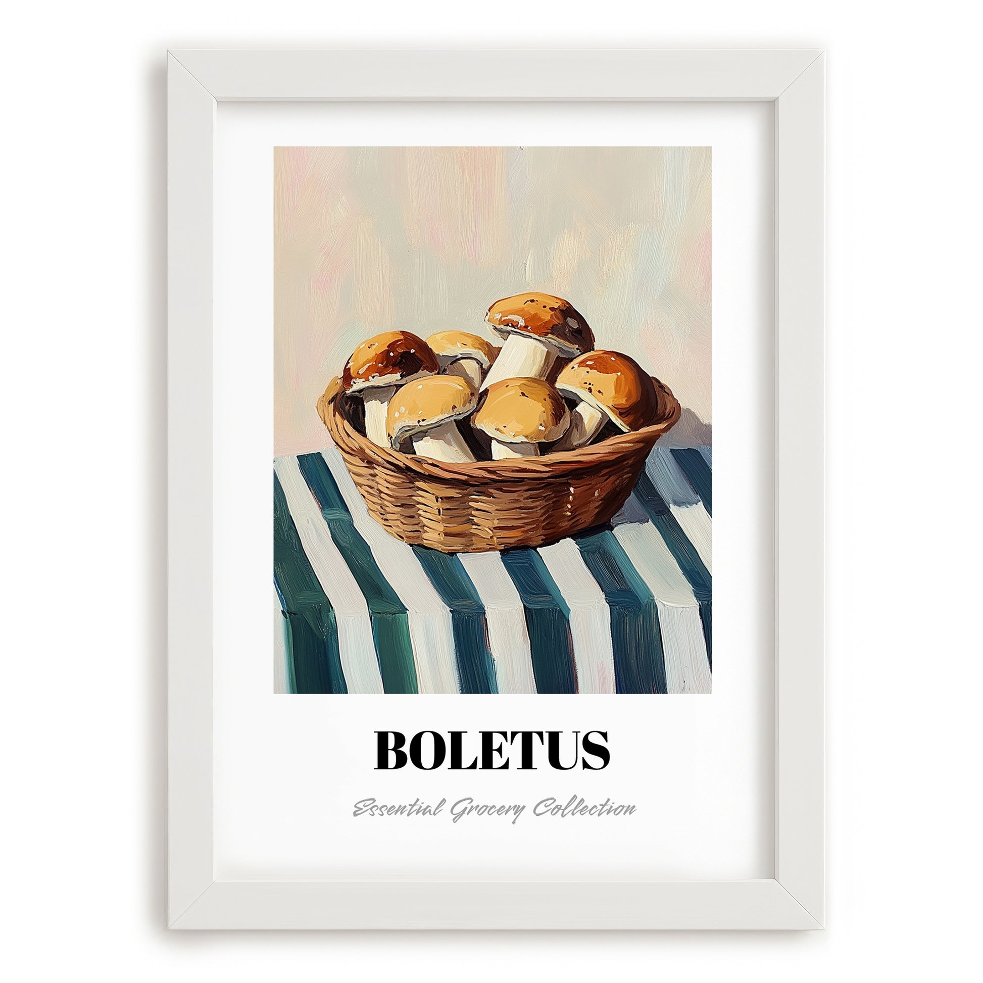 Boletus – on Striped Tablecloth, Mushrooms Painting, placed in minimal white frame