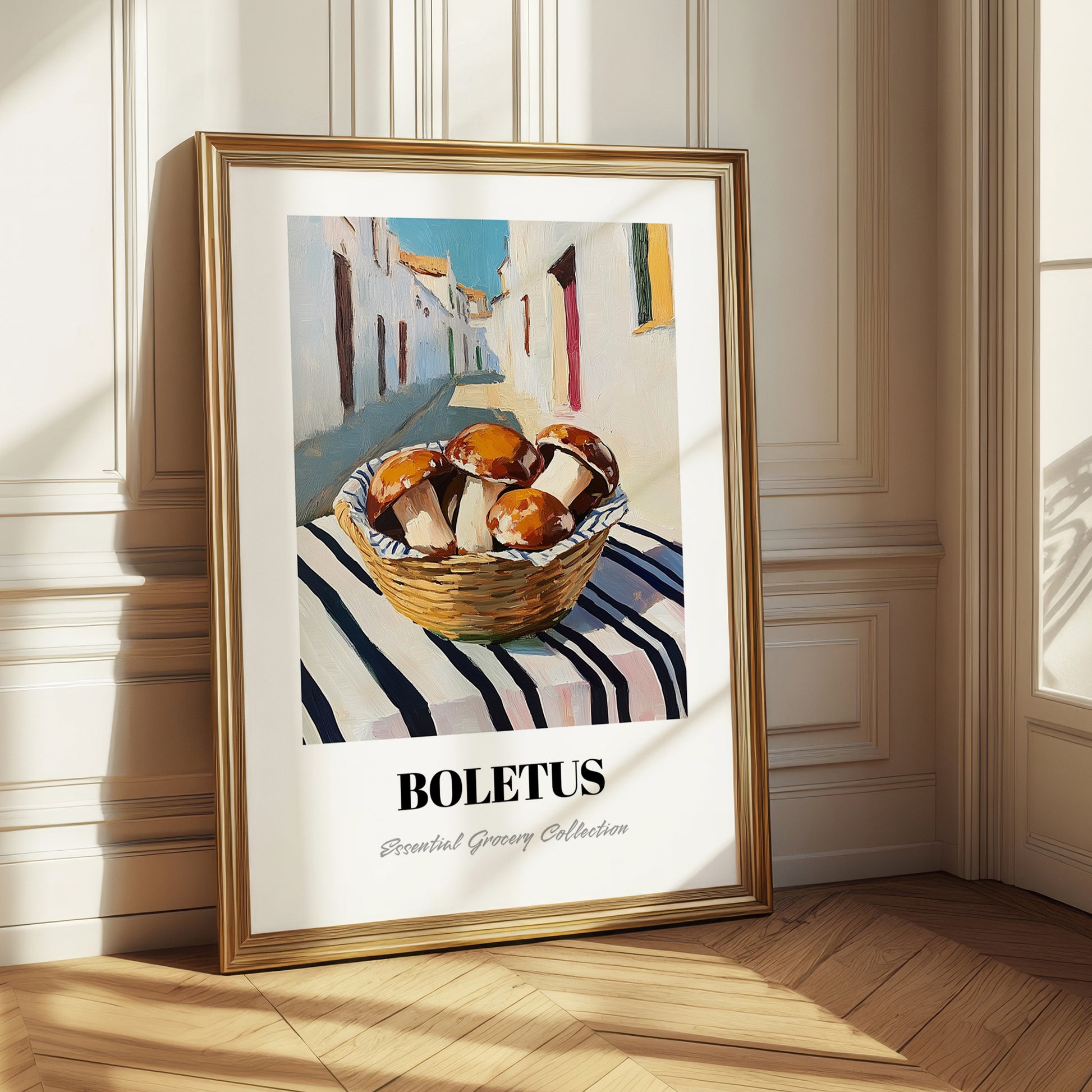 Porcini – White village Street Café Scene, Mushrooms Art