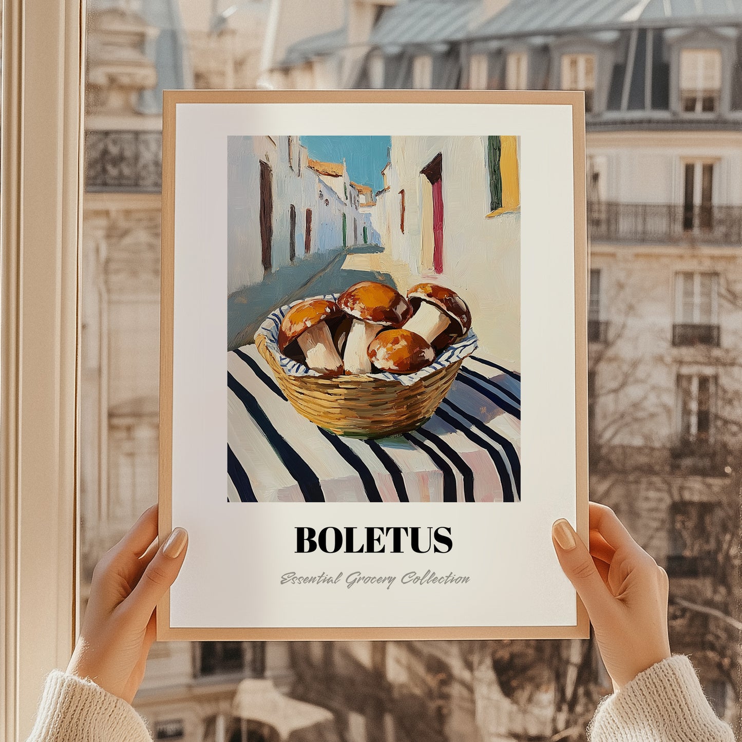 Porcini – White village Street Café Scene, Mushrooms Art, styled in a charming Paris street view