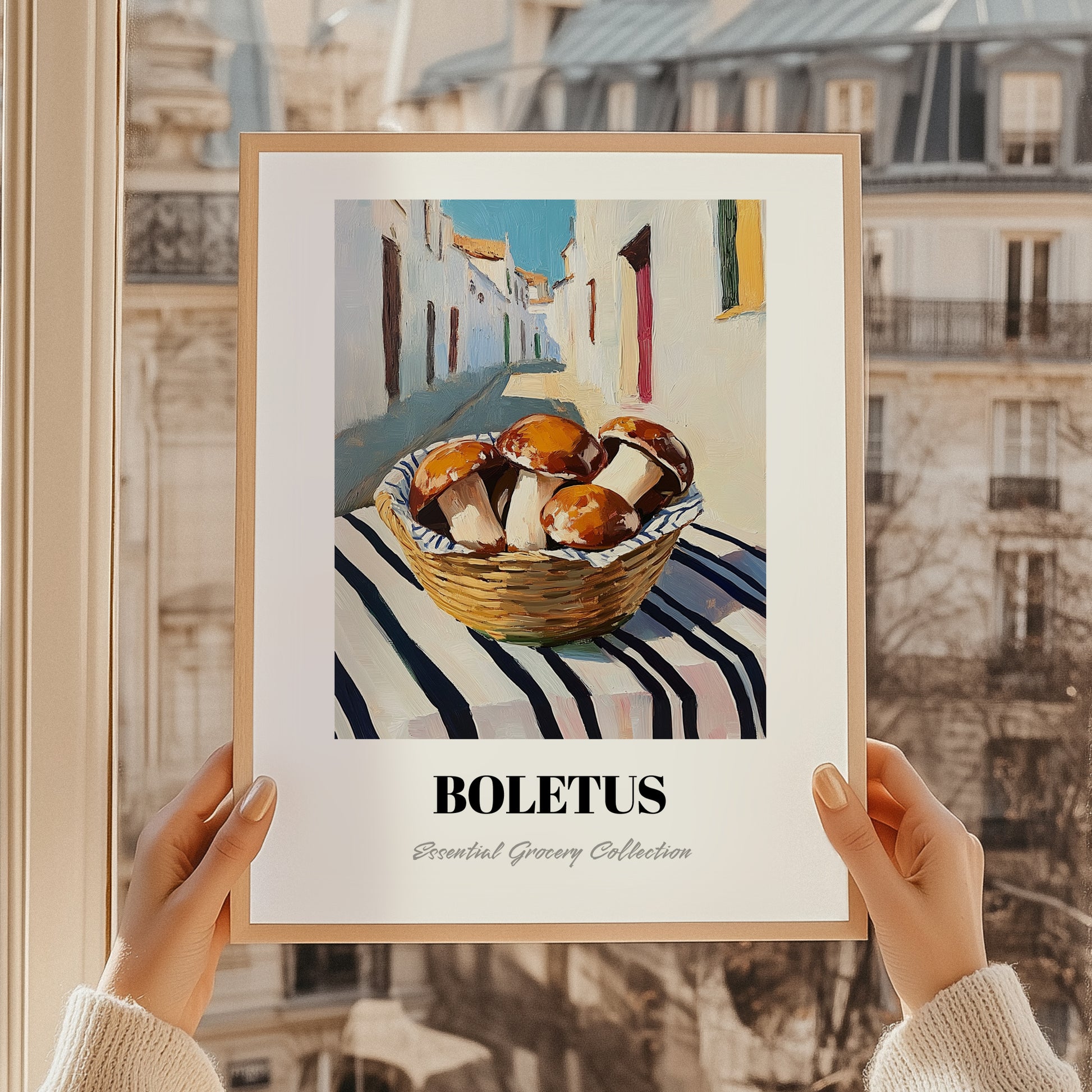 Porcini – White village Street Café Scene, Mushrooms Art, styled in a charming Paris street view