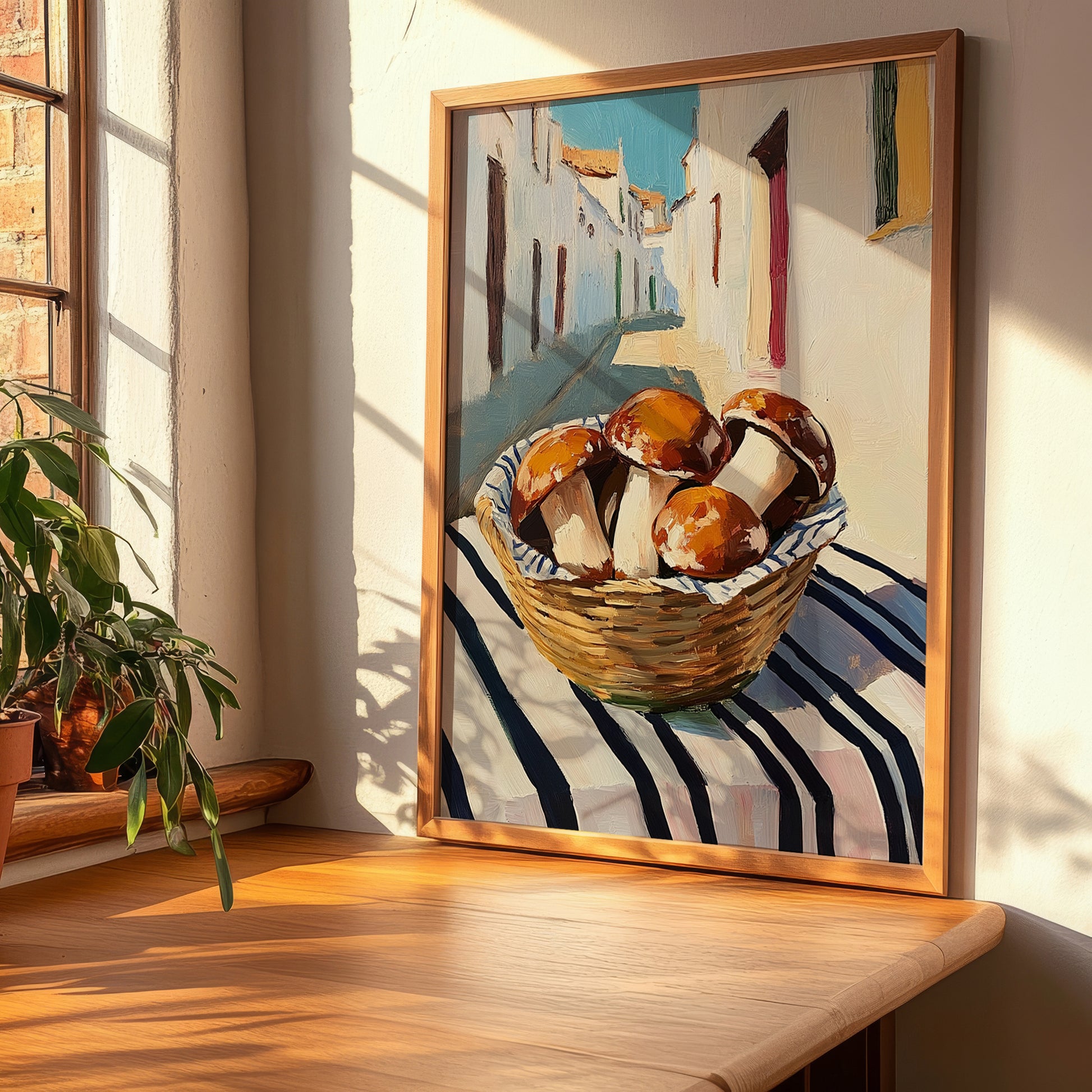 Porcini – White village Street Café Scene, Mushrooms Art, clean layout with no caption
