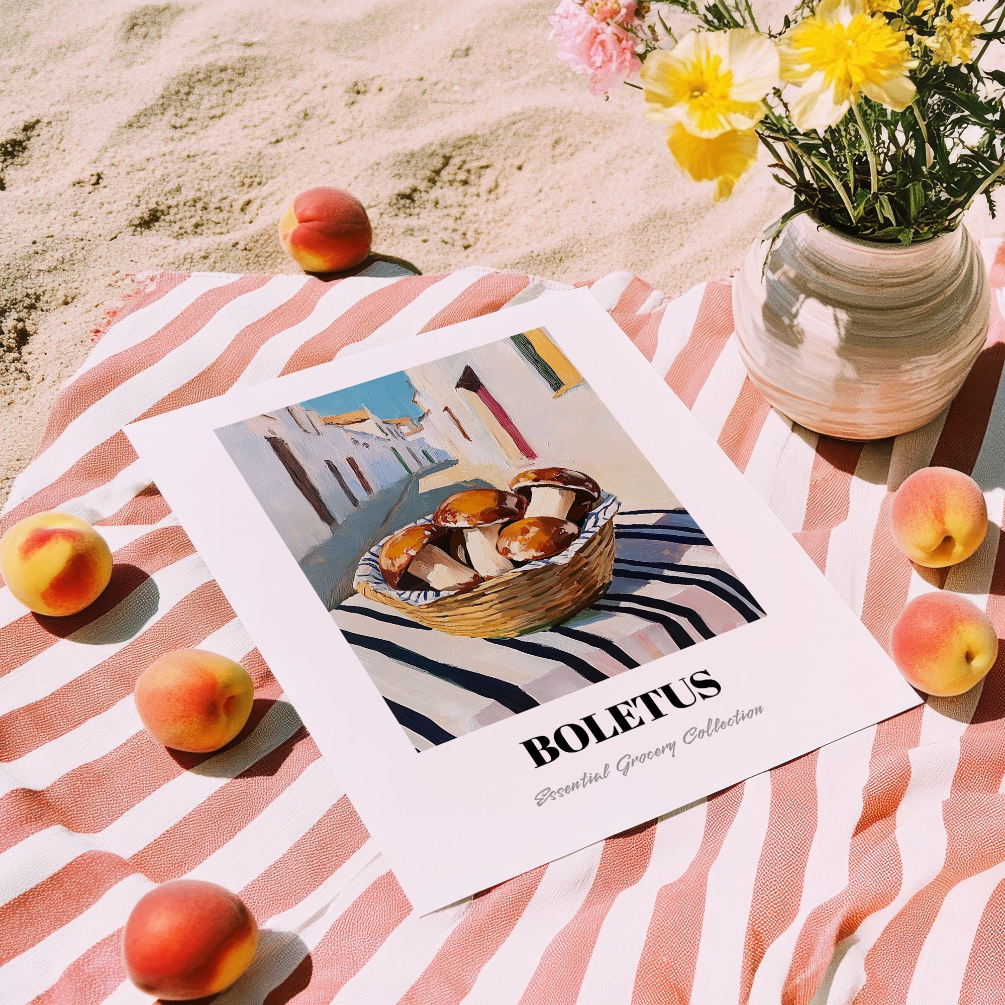 Porcini – White village Street Café Scene, Mushrooms Art, unframed on coastal sand