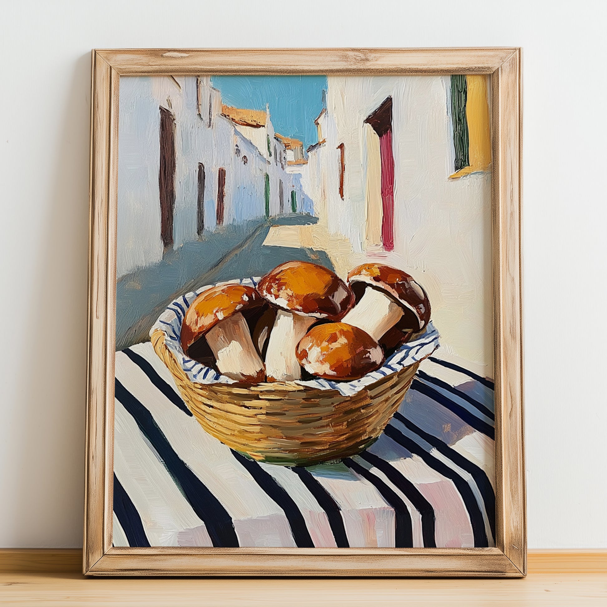 Porcini – White village Street Café Scene, Mushrooms Art, no-text version framed in wood