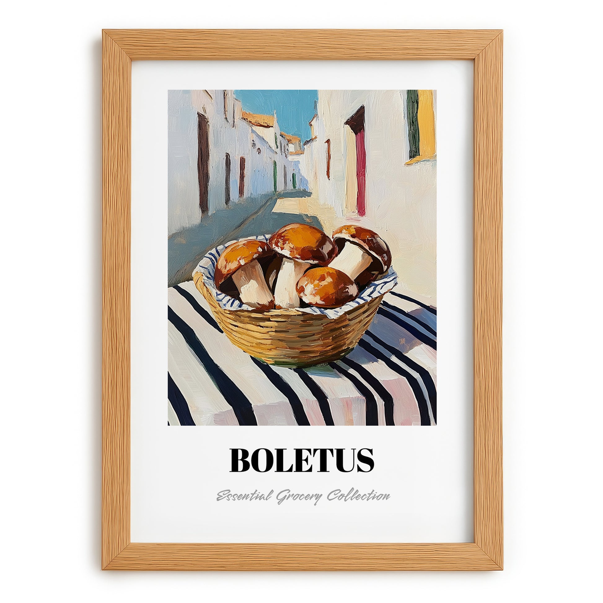 Porcini – White village Street Café Scene, Mushrooms Art, set in oak frame