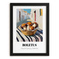 Porcini – White village Street Café Scene, Mushrooms Art, in sleek black frame
