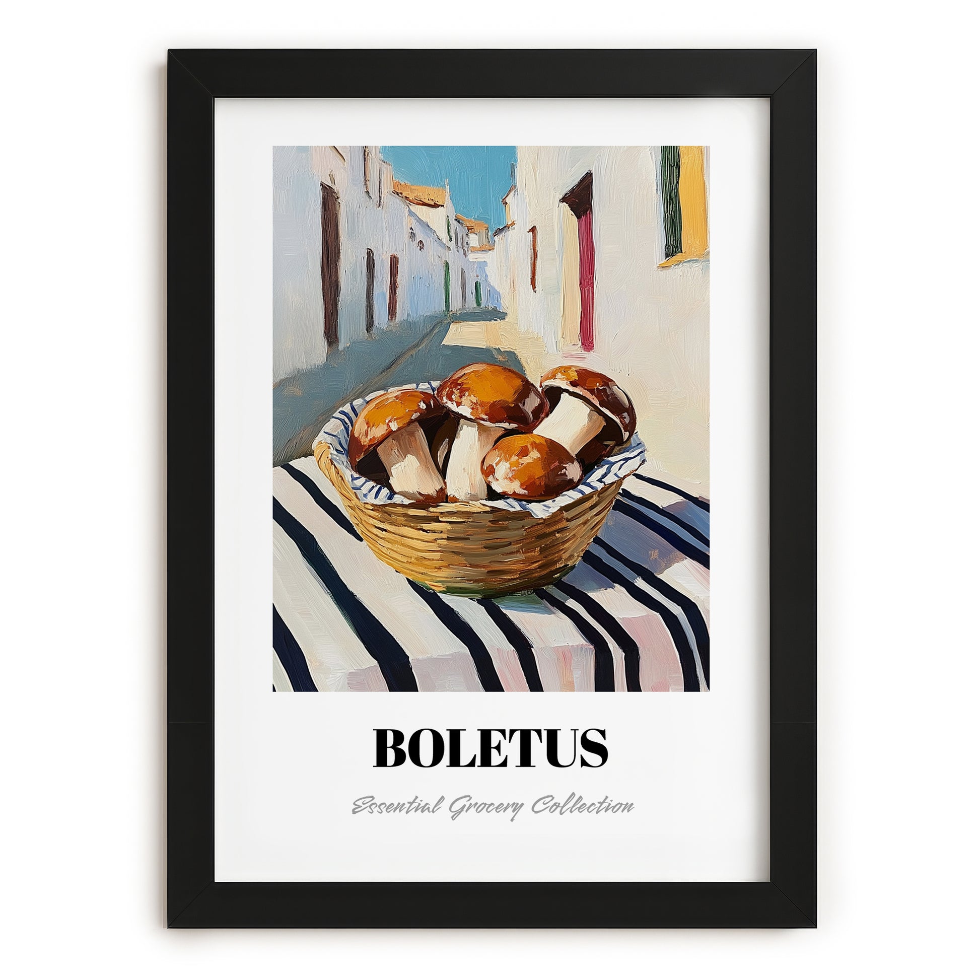 Porcini – White village Street Café Scene, Mushrooms Art, in sleek black frame