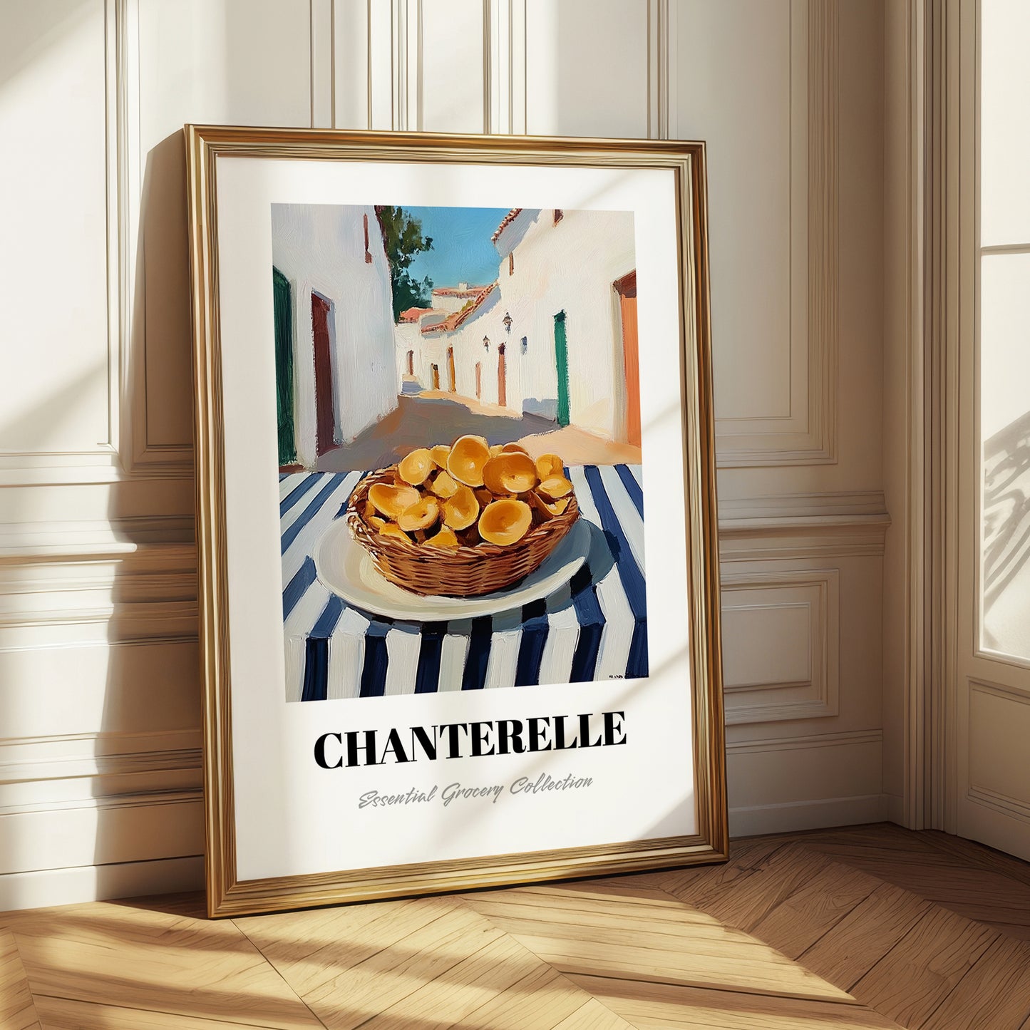 Chanterelle – White village Café on the Corner, Mushrooms Wall Painting