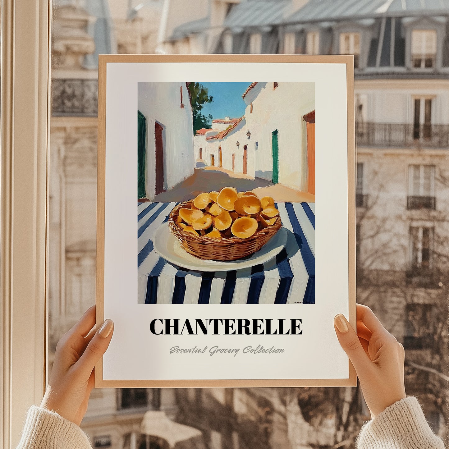 Chanterelle – White village Café on the Corner, Mushrooms Wall Painting, styled in a charming Paris street view